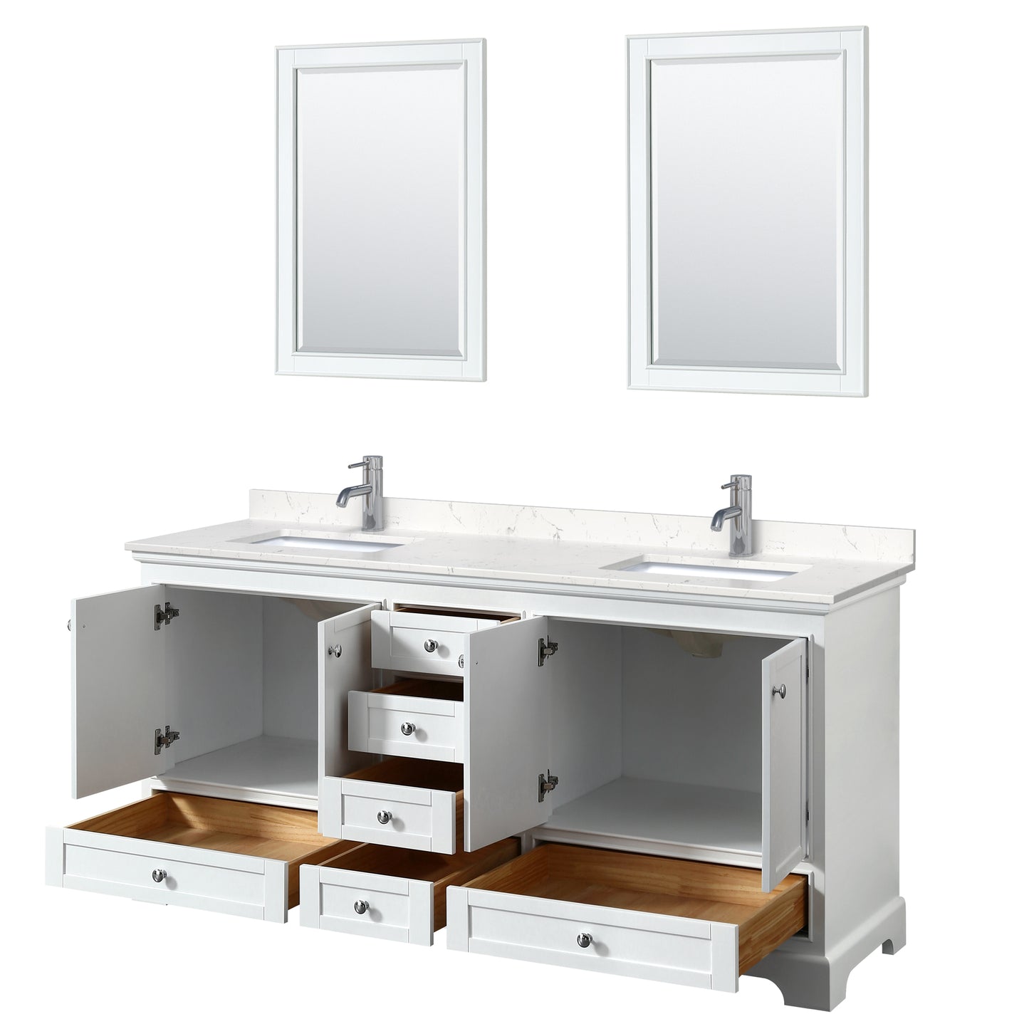 Deborah 72" Double Vanity in White, Carrara Cultured Marble Top, 24" Mirrors
