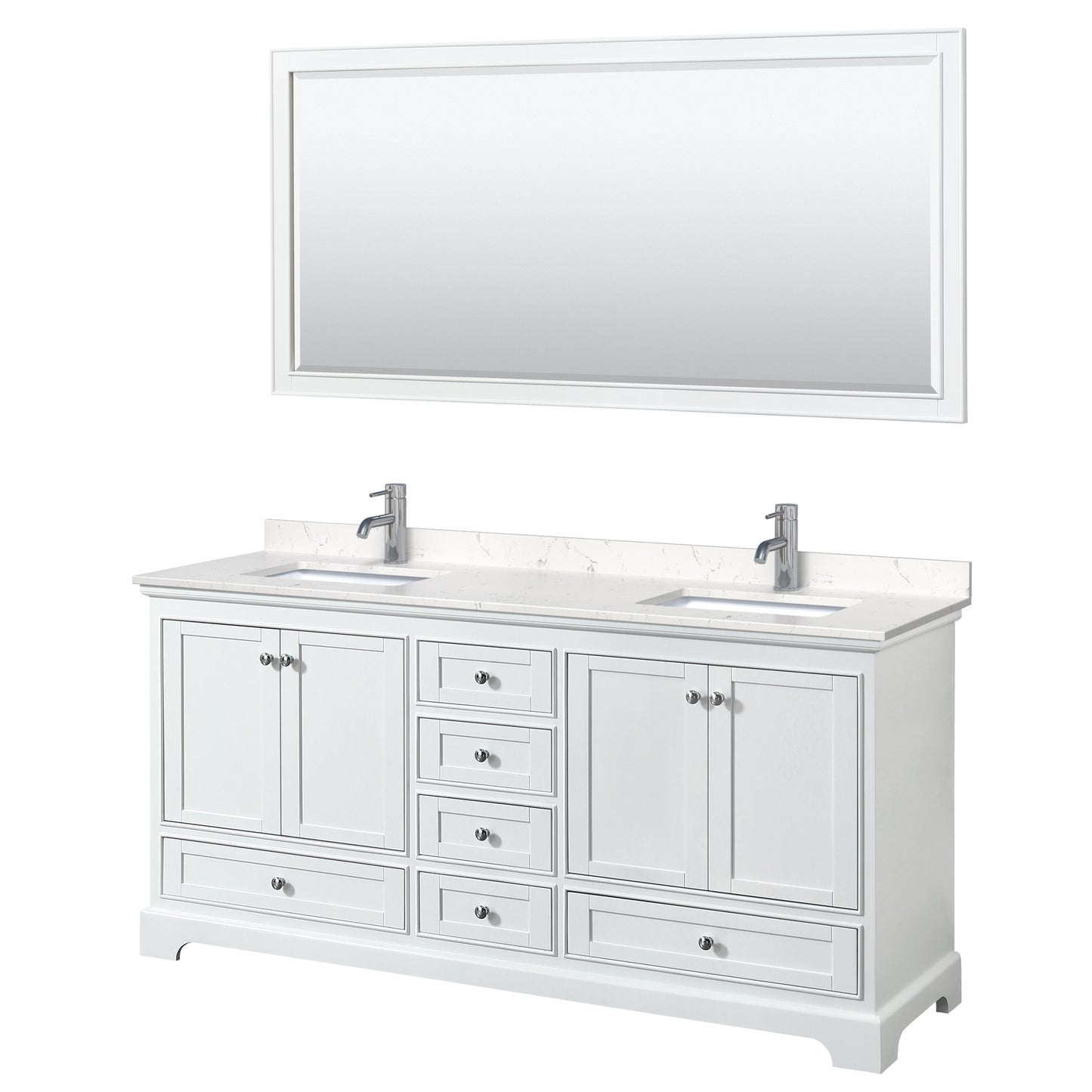 Deborah 72" Double Vanity in White, Carrara Cultured Marble Top, 70" Mirror