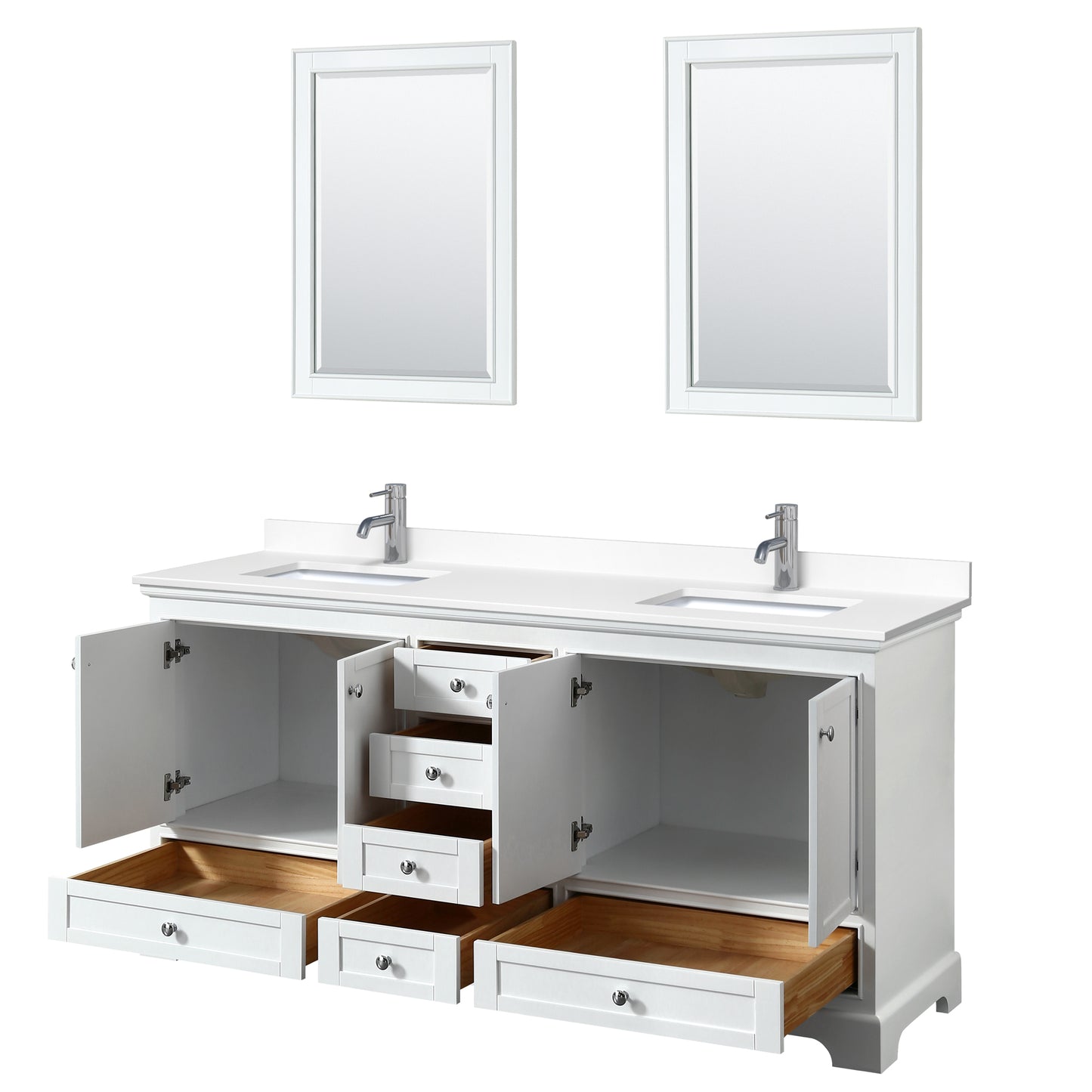 Deborah 72" Double Vanity in White, White Cultured Marble Top, 24" Mirrors