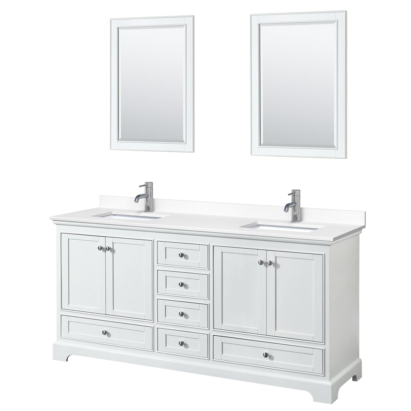 Deborah 72" Double Vanity in White, White Cultured Marble Top, 24" Mirrors