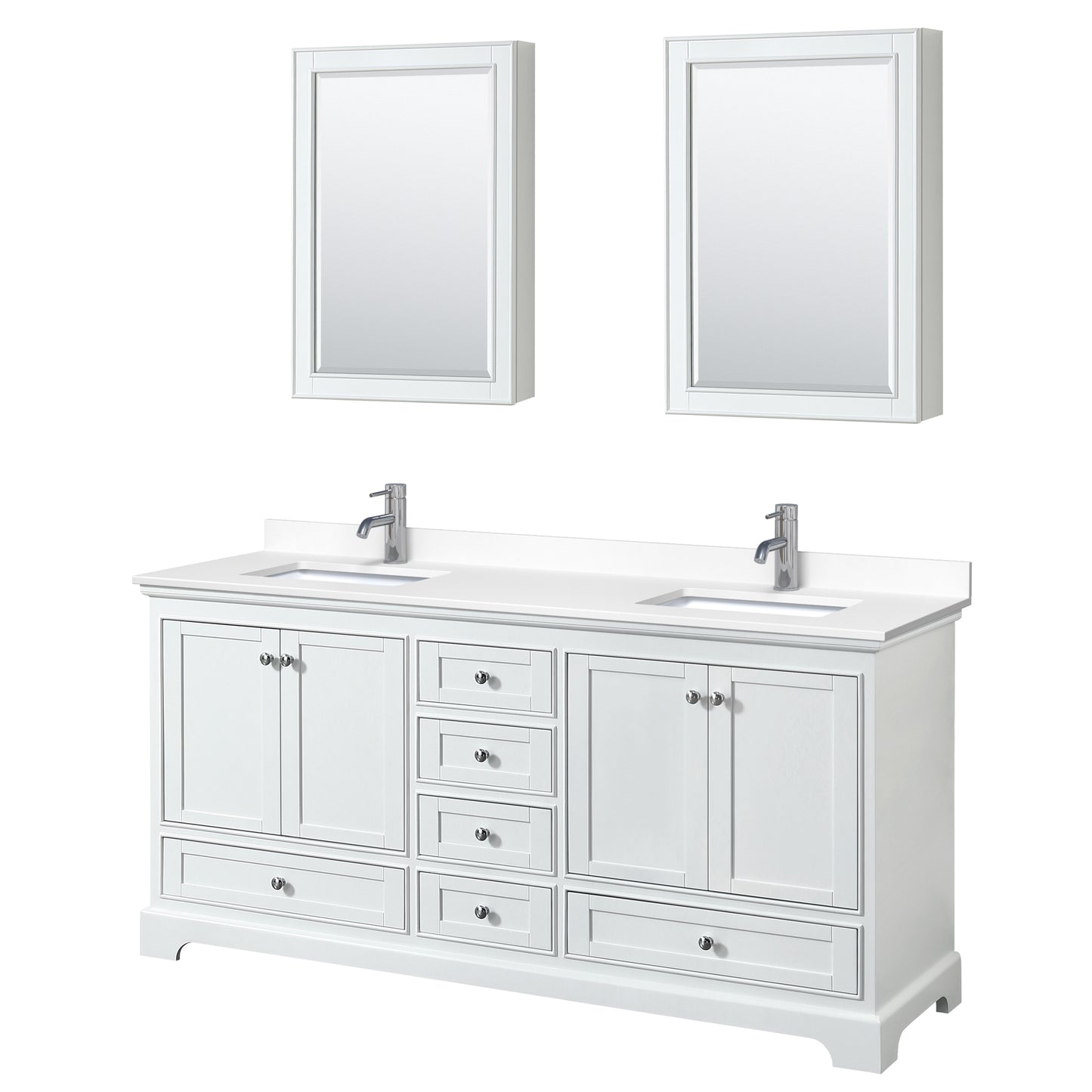 Deborah 72" Double Vanity in White, White Cultured Marble Top, Medicine Cabinets