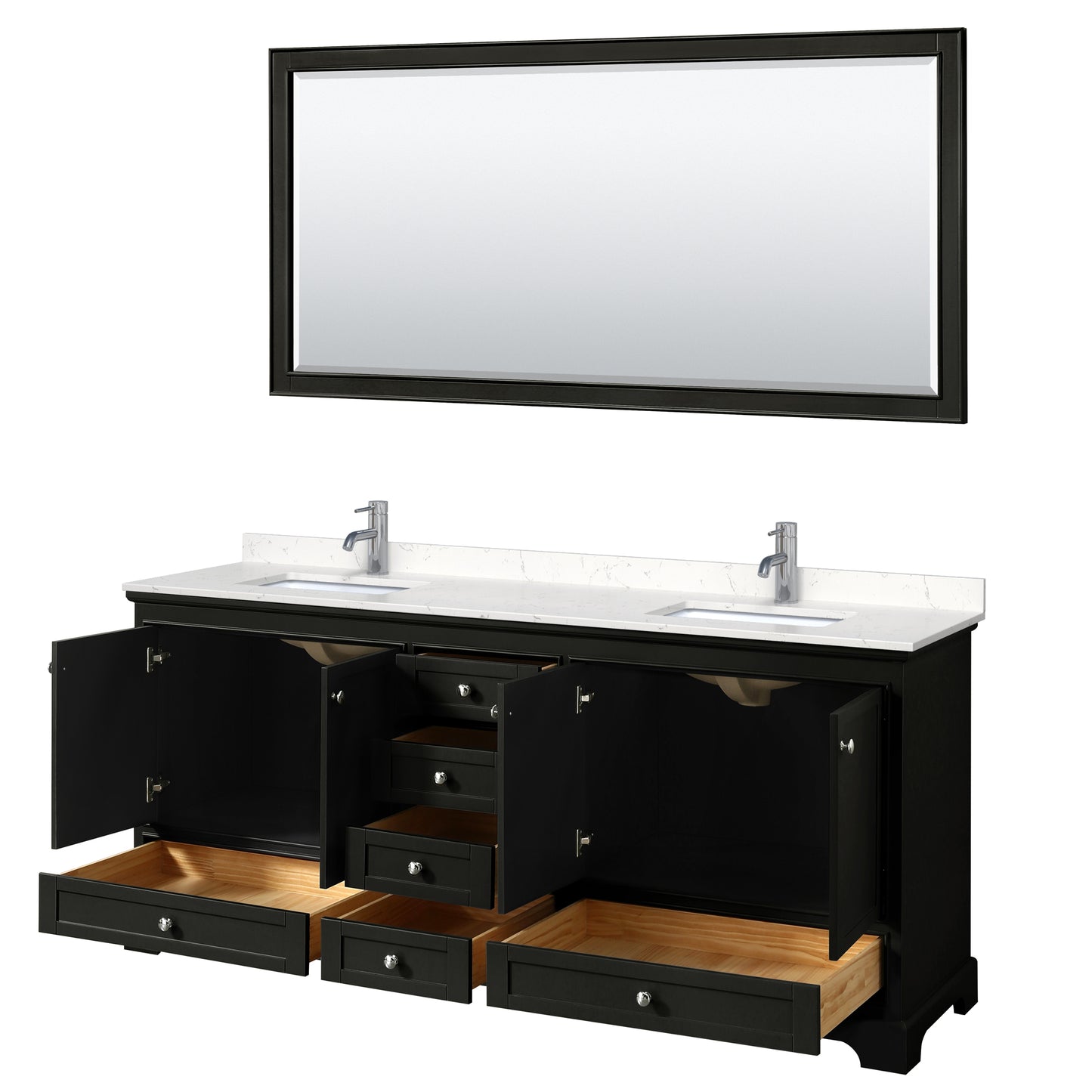 Deborah 80" Double Vanity in Espresso, Carrara Cultured Marble Top, 70" Mirror