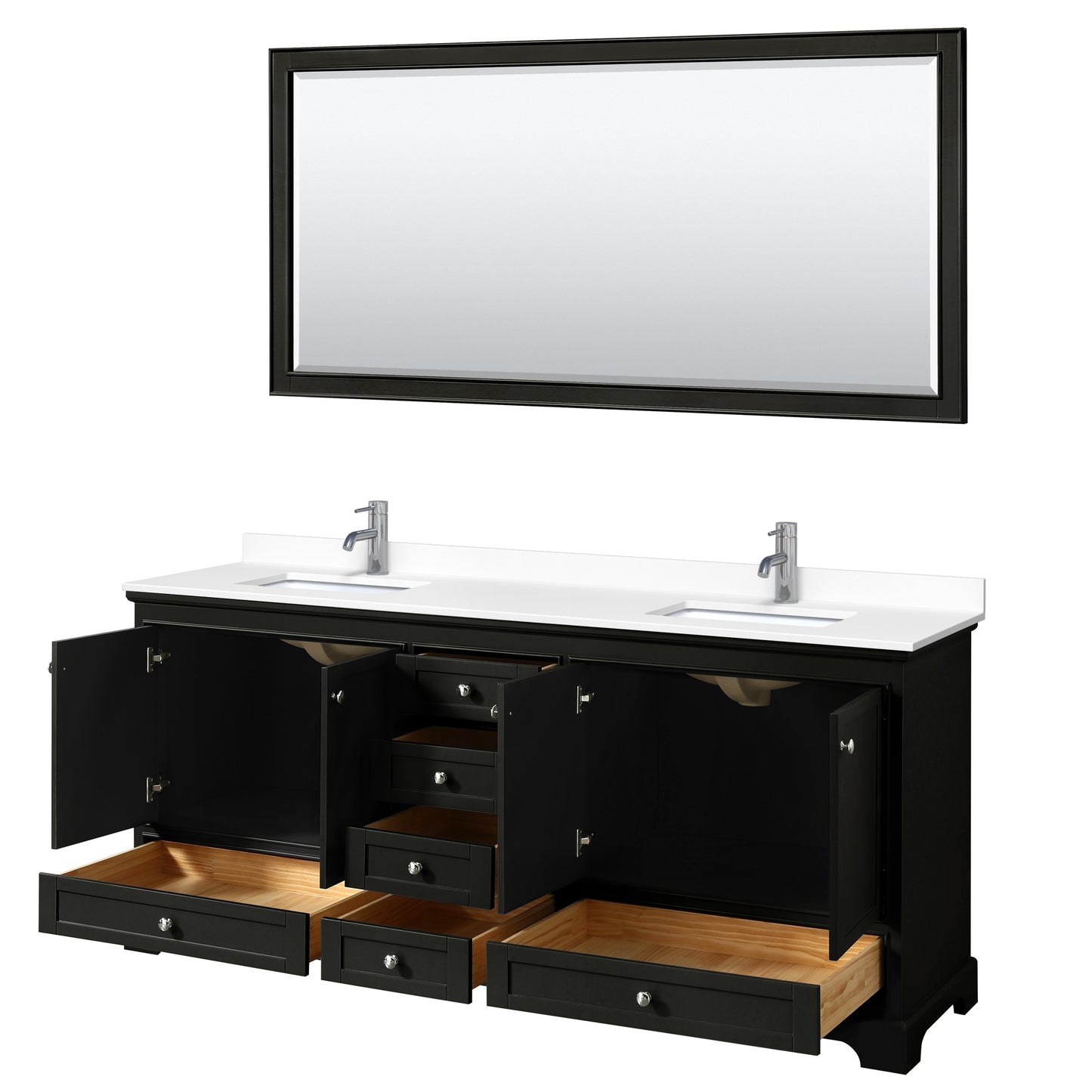 Deborah 80" Double Vanity in Espresso, White Cultured Marble Top, 70" Mirror