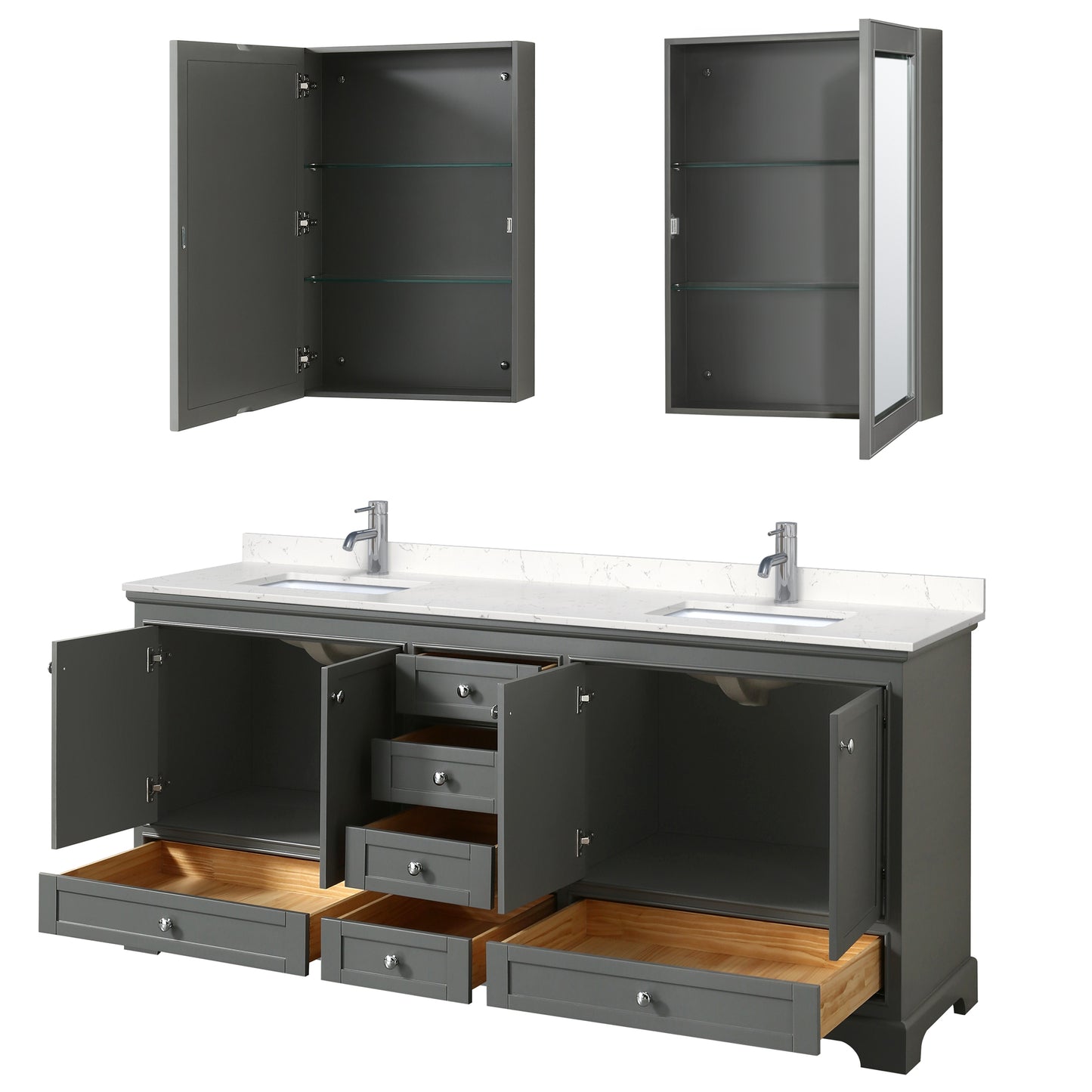 Deborah 80" Double Vanity in Gray, Carrara Marble Top, Medicine Cabinets