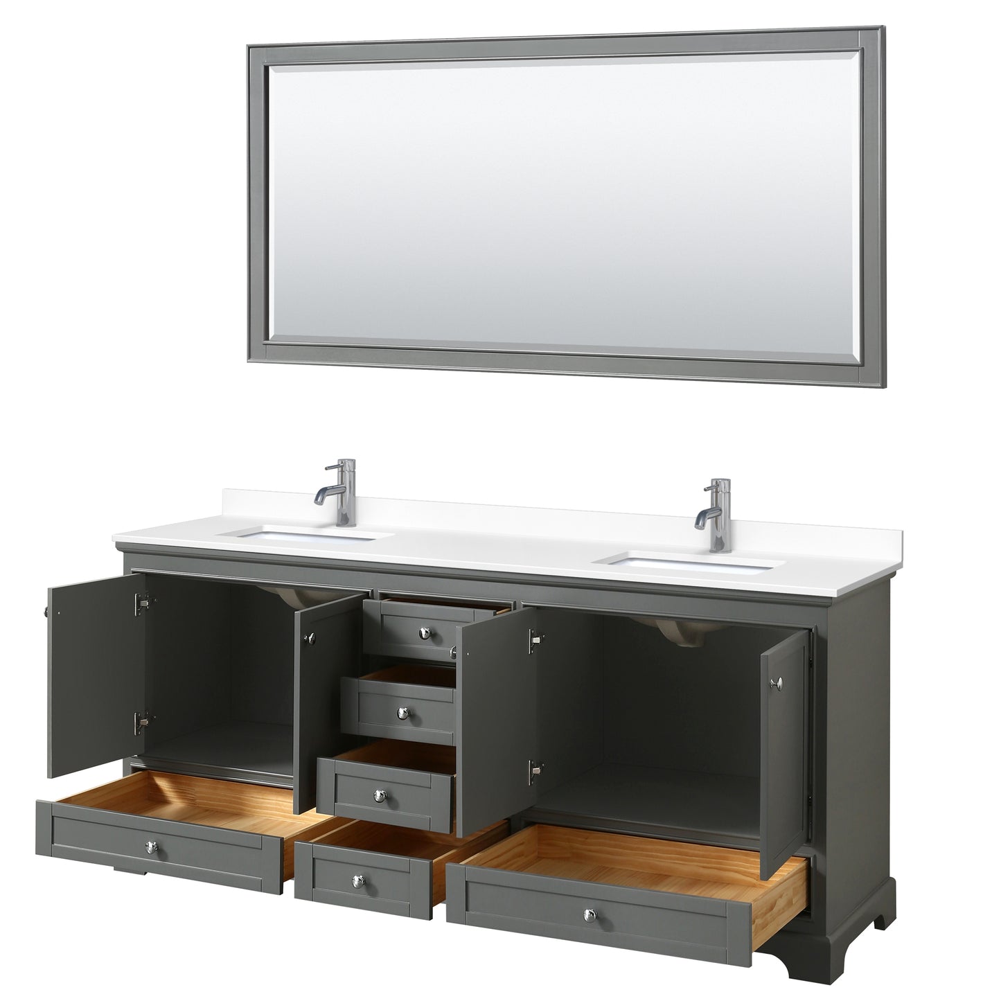 Deborah 80" Double Vanity in Dark Gray, White Cultured Marble Top, 70" Mirror