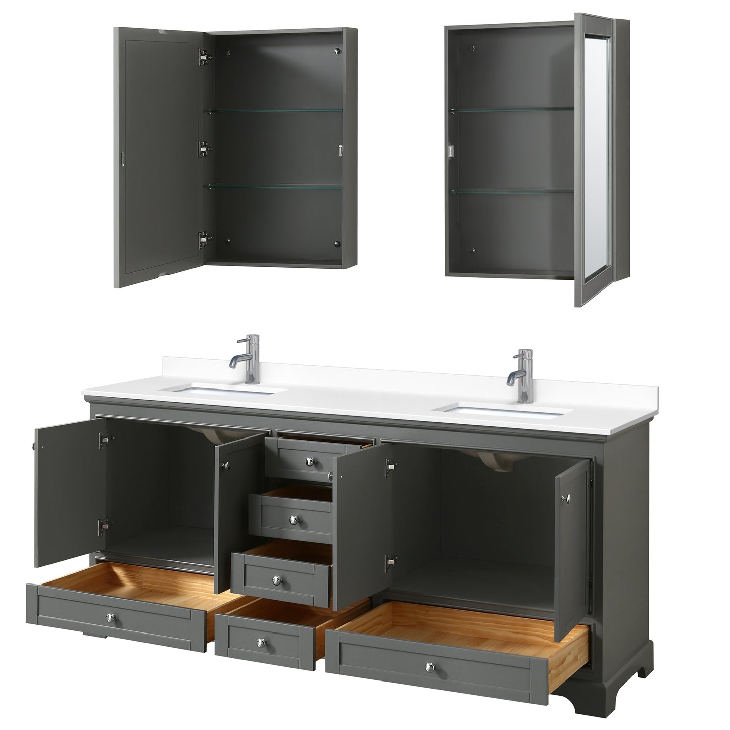Deborah 80" Double Vanity in Gray, White Cultured Marble Top, Medicine Cabinets