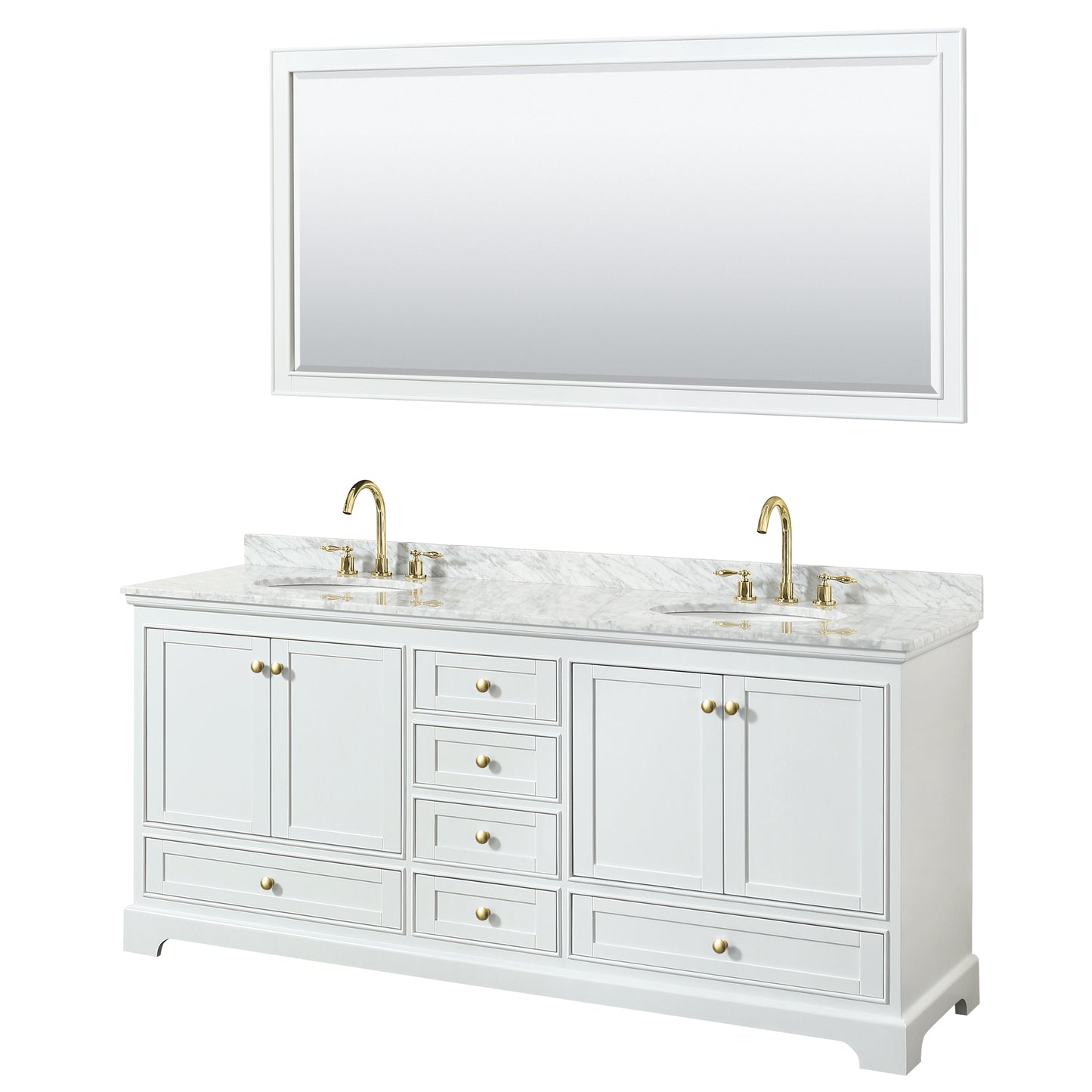 Deborah 80" Double Vanity in White, Top, Oval Brushed Gold Trim, 70" Mirror
