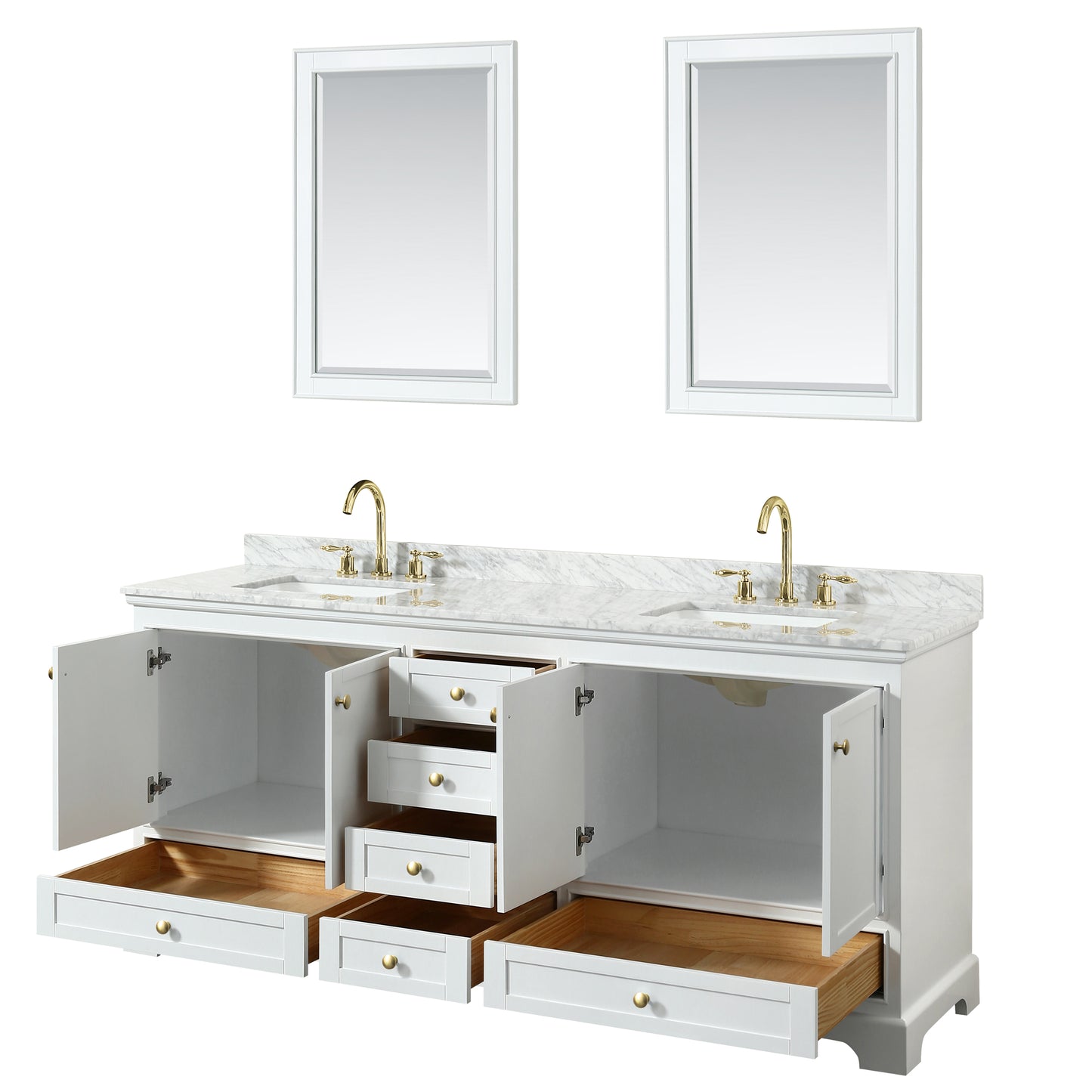 Deborah 80" Double Vanity in White, Top, Square Brushed Gold Trim, 24" Mirrors