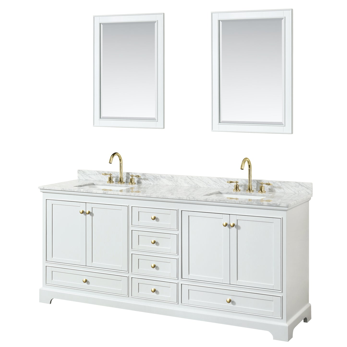 Deborah 80" Double Vanity in White, Top, Square Brushed Gold Trim, 24" Mirrors