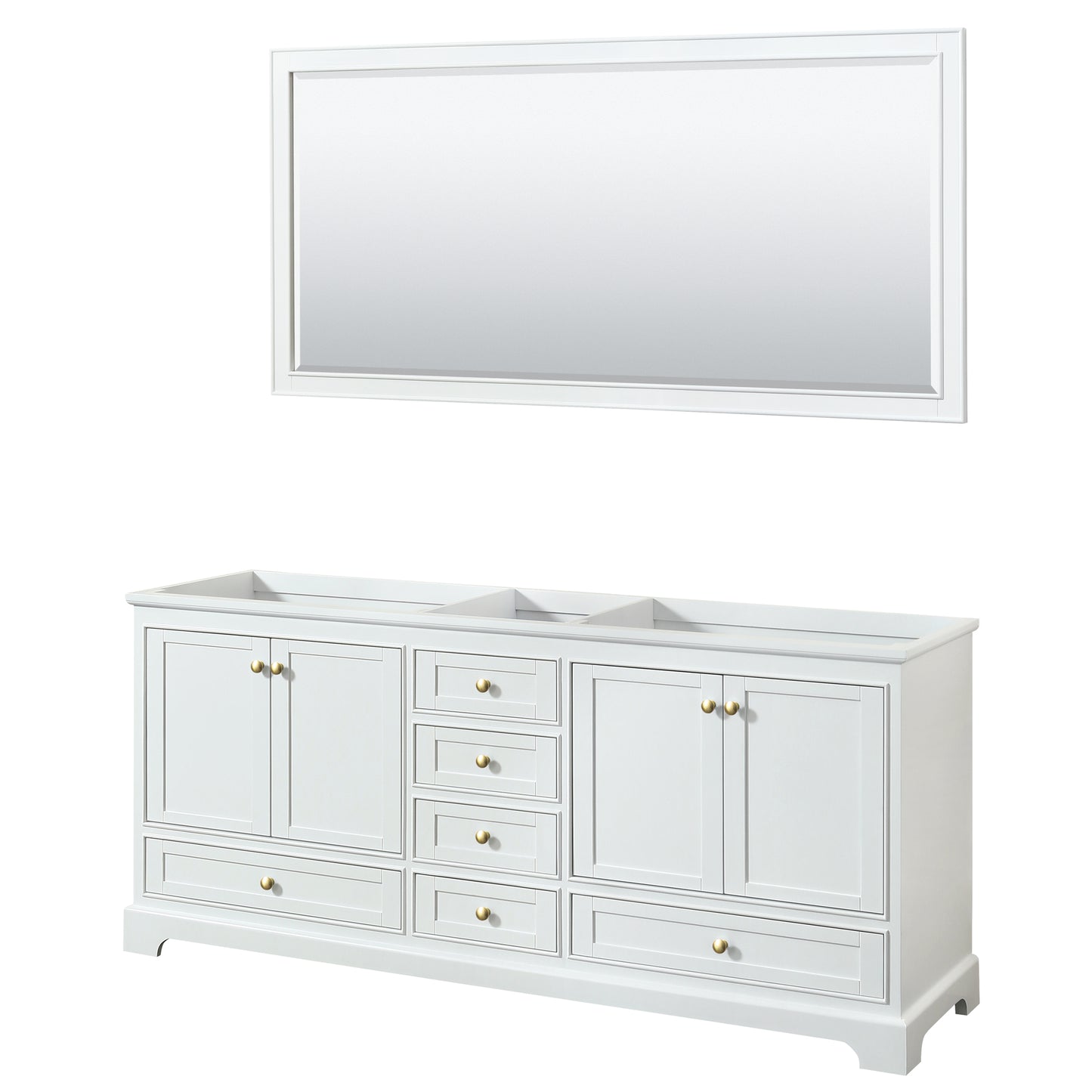 Deborah 80" Double Vanity in White, No Top, Brushed Gold Trim, 70" Mirror