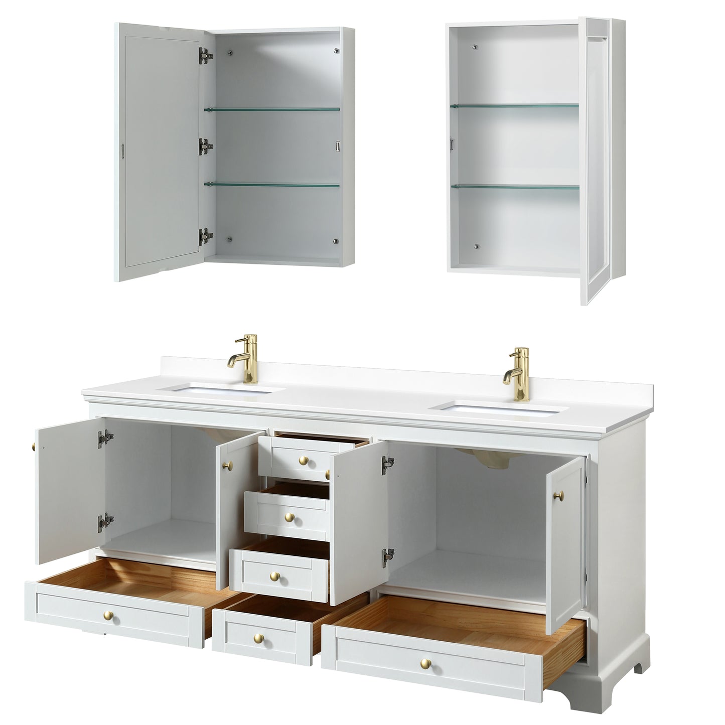 Deborah 80" White Double Vanity, White Marble Top, Gold Trim, Medicine Cabinets