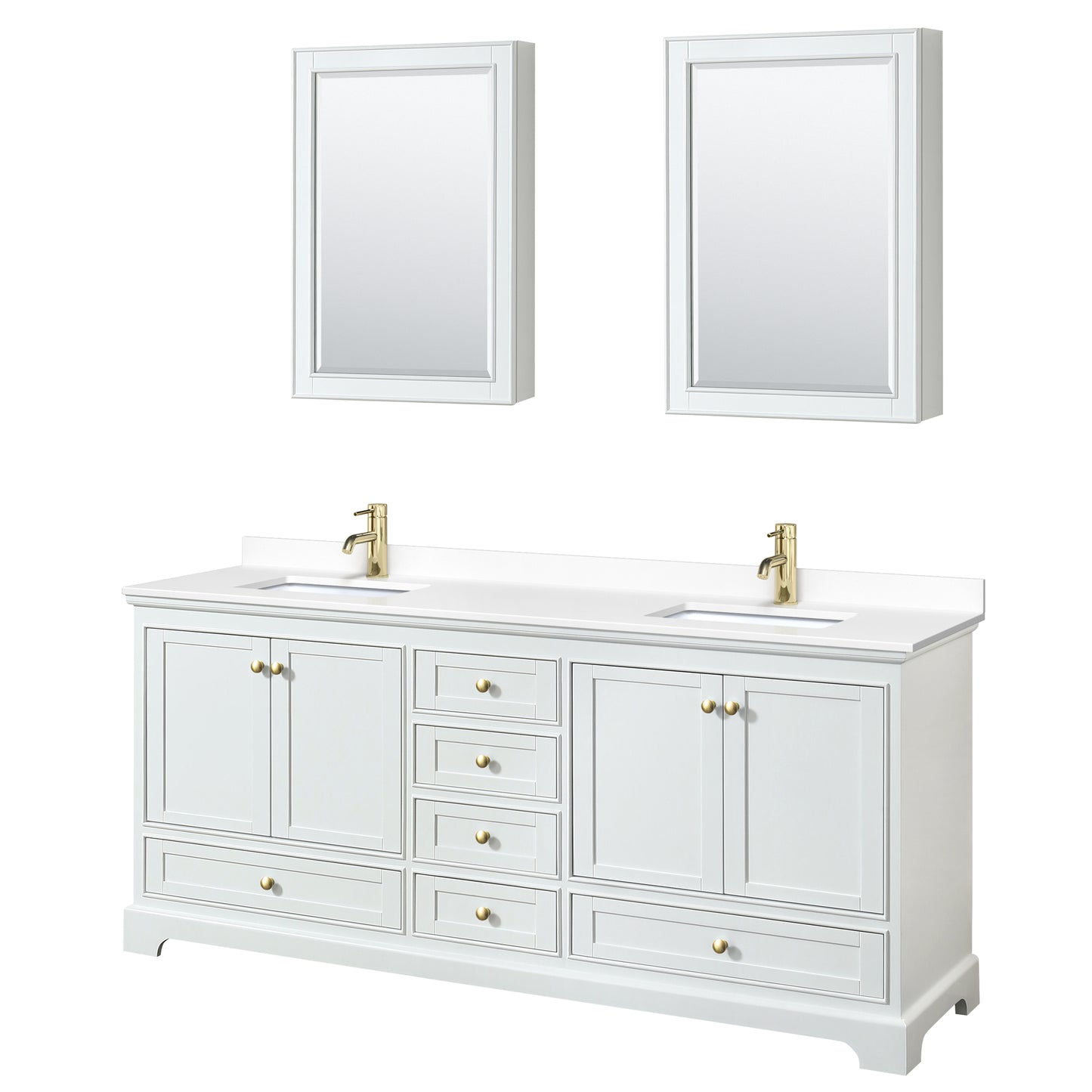Deborah 80" White Double Vanity, White Marble Top, Gold Trim, Medicine Cabinets