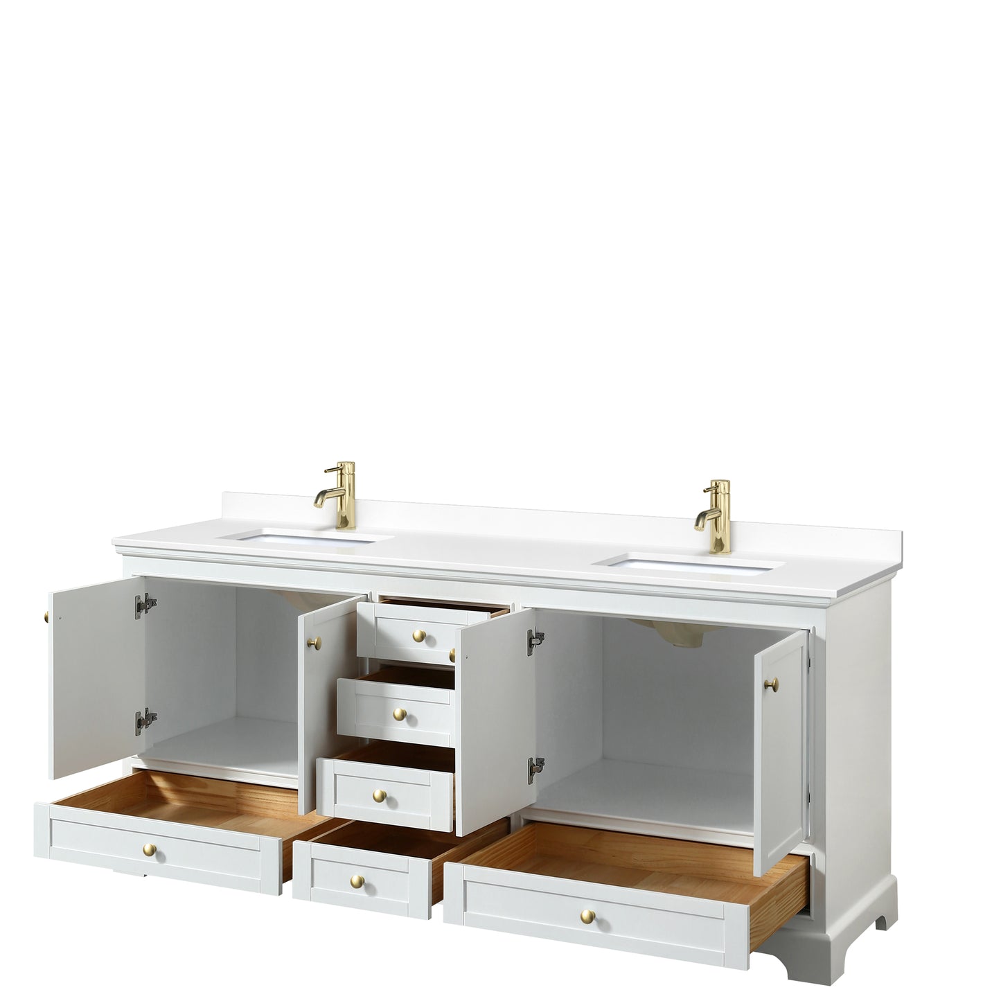 Deborah 80" Double Vanity in White, White Marble Top, Gold Trim, No Mirrors