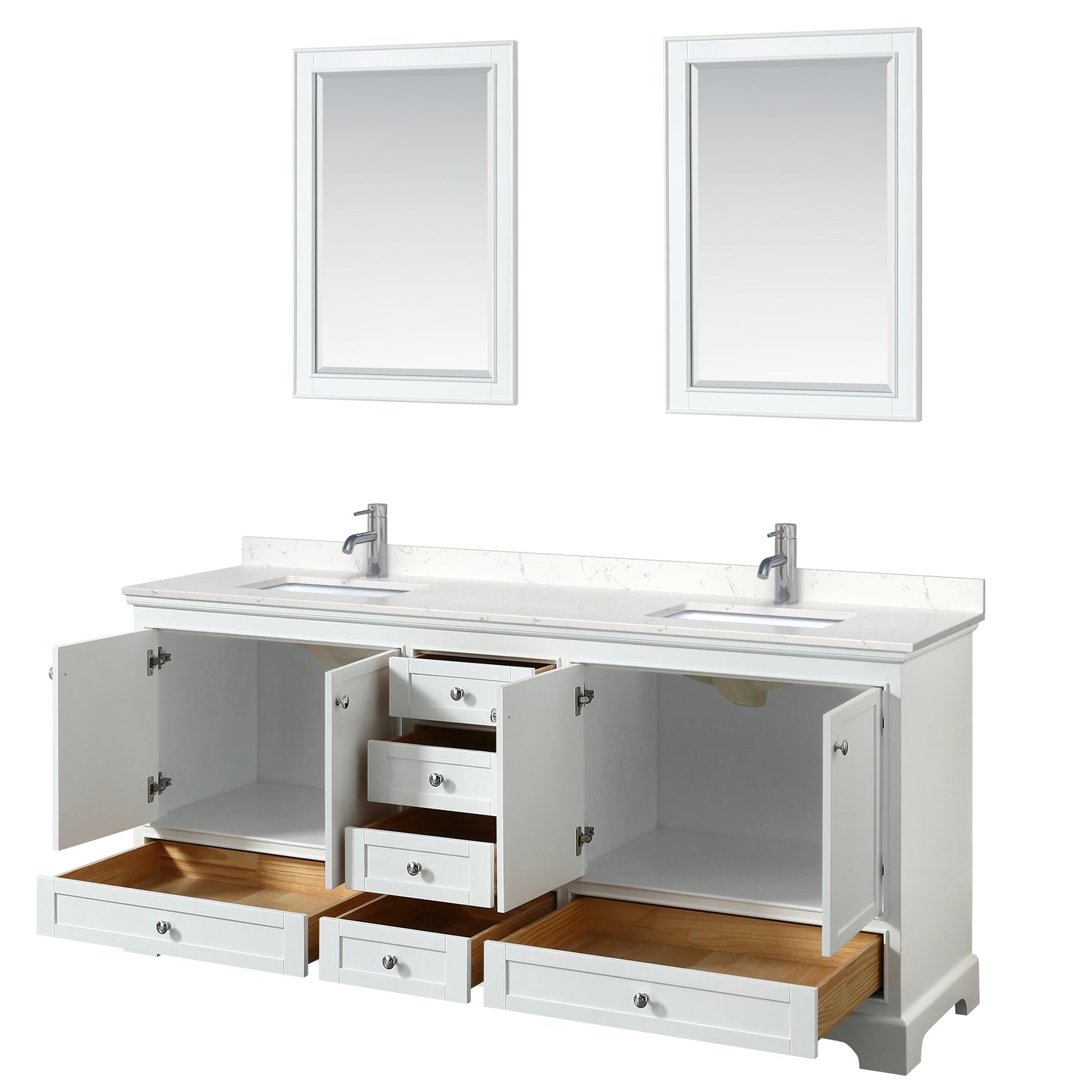 Deborah 80" Double Vanity in White, Carrara Cultured Marble Top, 24" Mirrors