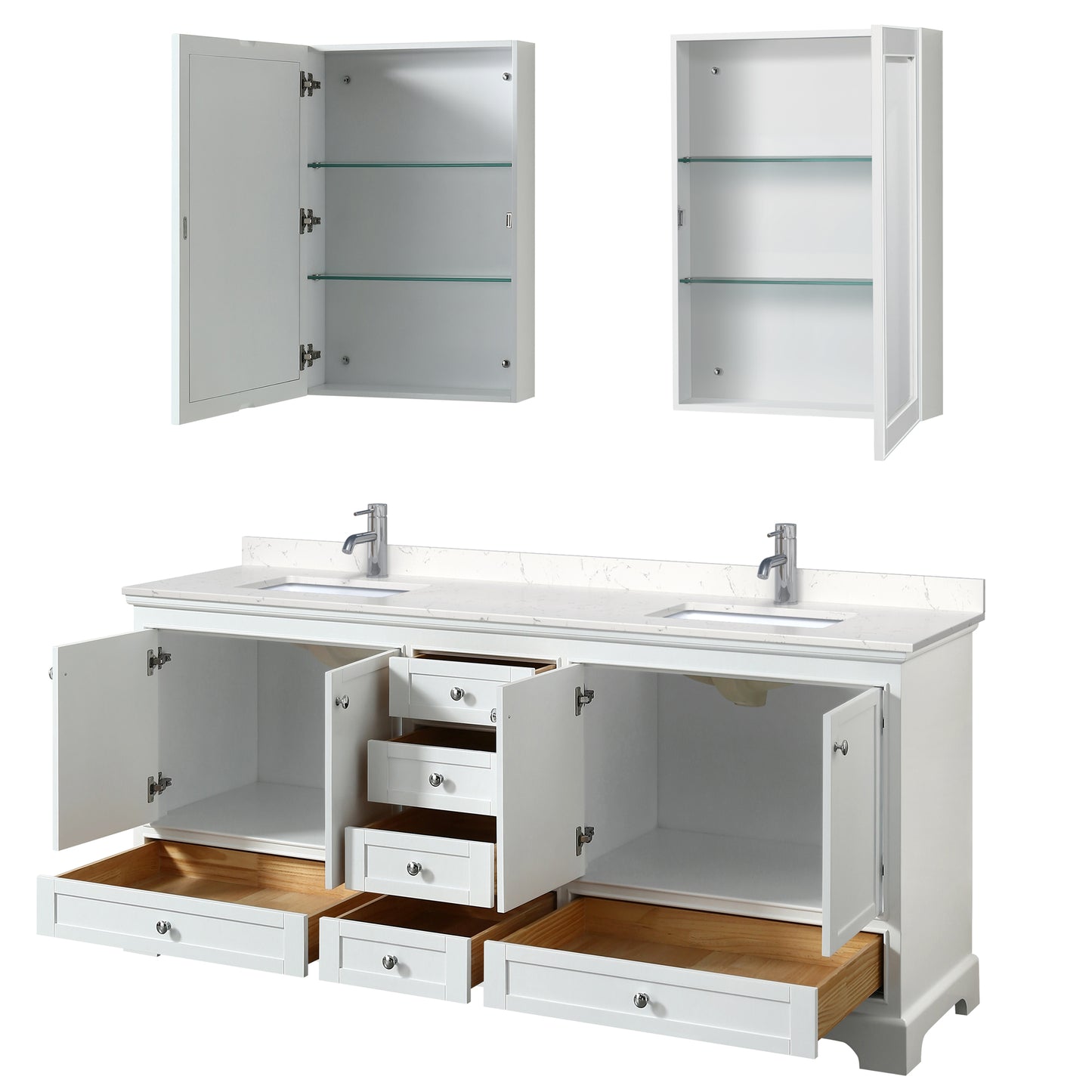 Deborah 80" Double Vanity in White, Carrara Marble Top, Medicine Cabinets