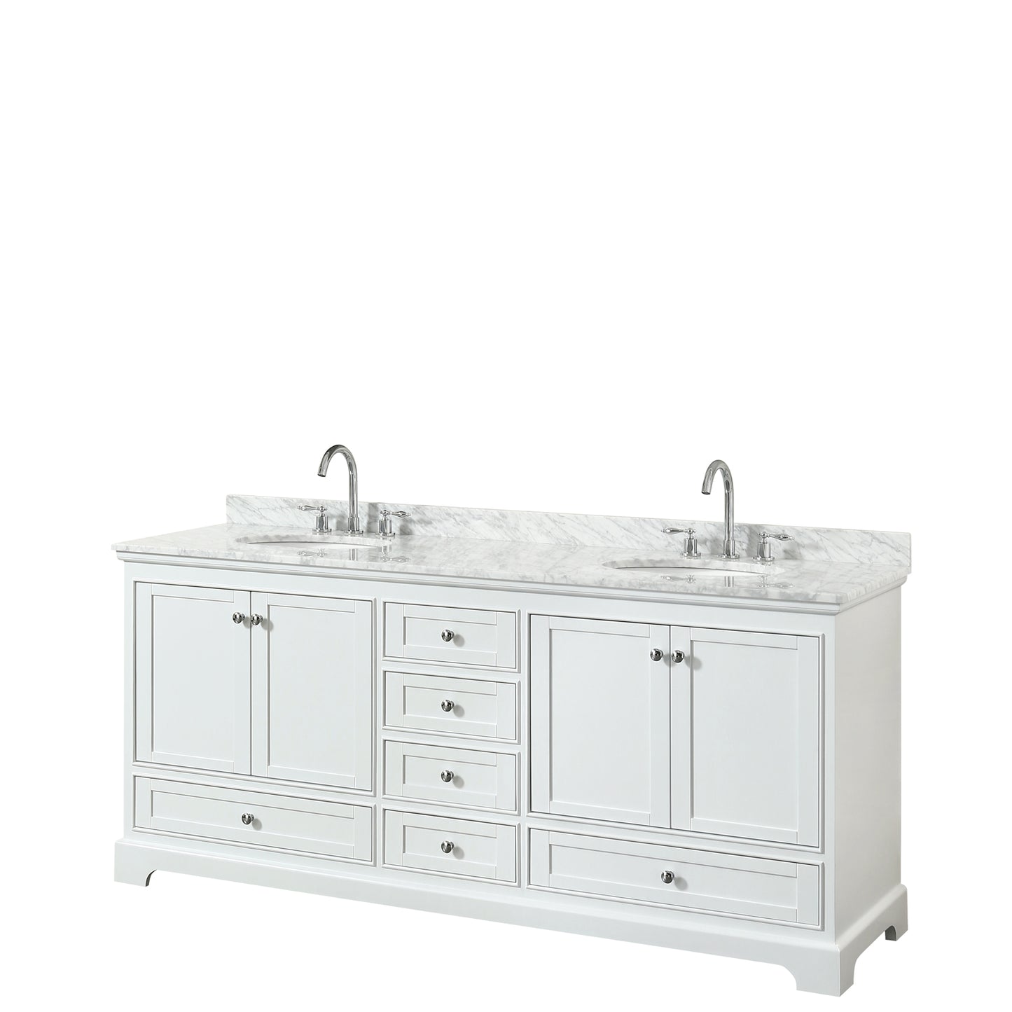 Deborah 80 Inch Double Bathroom Vanity in White, White Carrara Marble Countertop, Undermount Oval Sinks, and No Mirrors