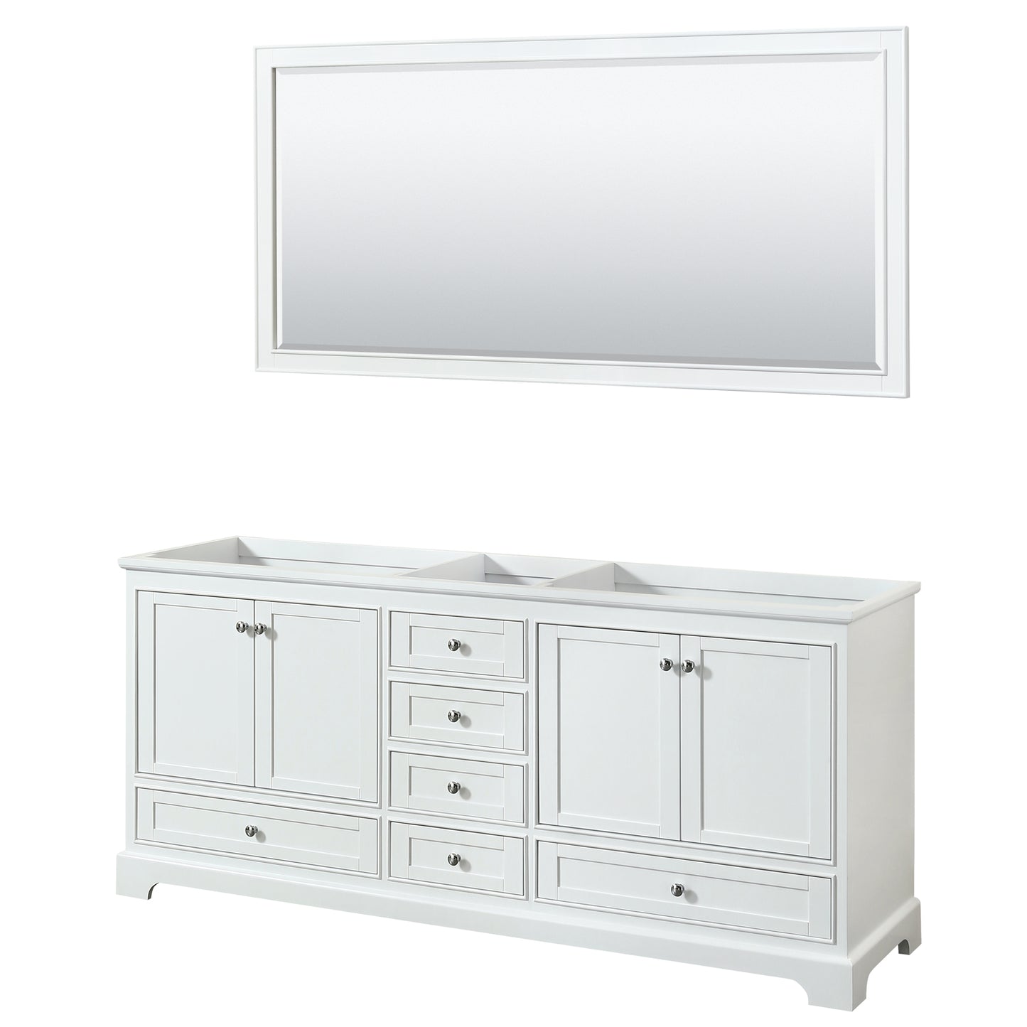 Deborah 80" Double Vanity in White, No Top, No Sinks, 70" Mirror