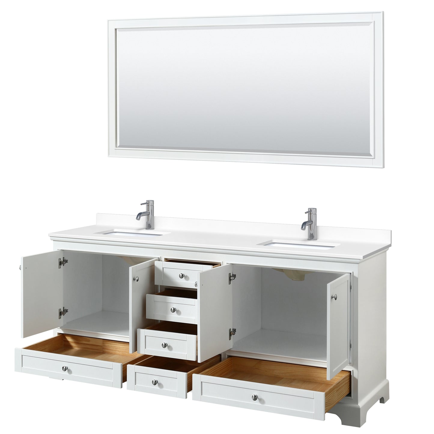 Deborah 80" Double Vanity in White, White Cultured Marble Top, Sinks, 70" Mirror