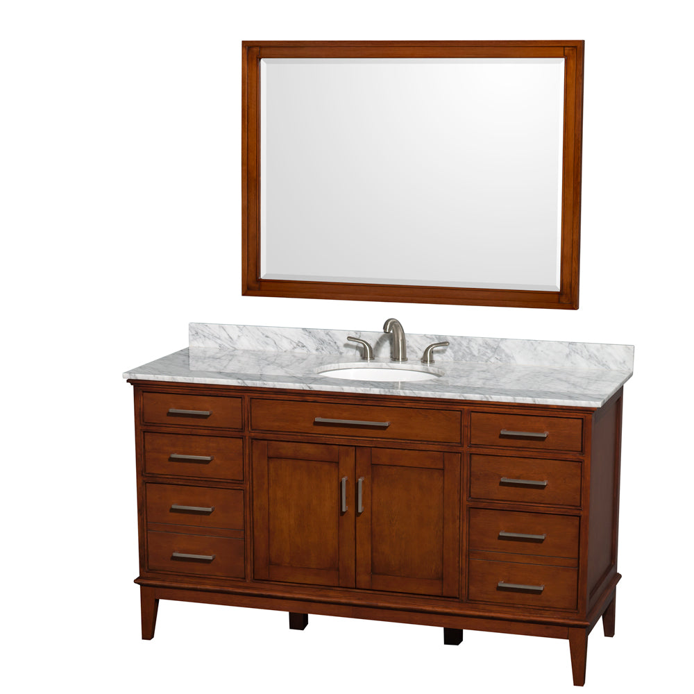 Hatton 60 inch Single Bathroom Vanity in Light Chestnut, White Carrara Marble Countertop, Undermount Oval Sink, and 44 inch Mirror