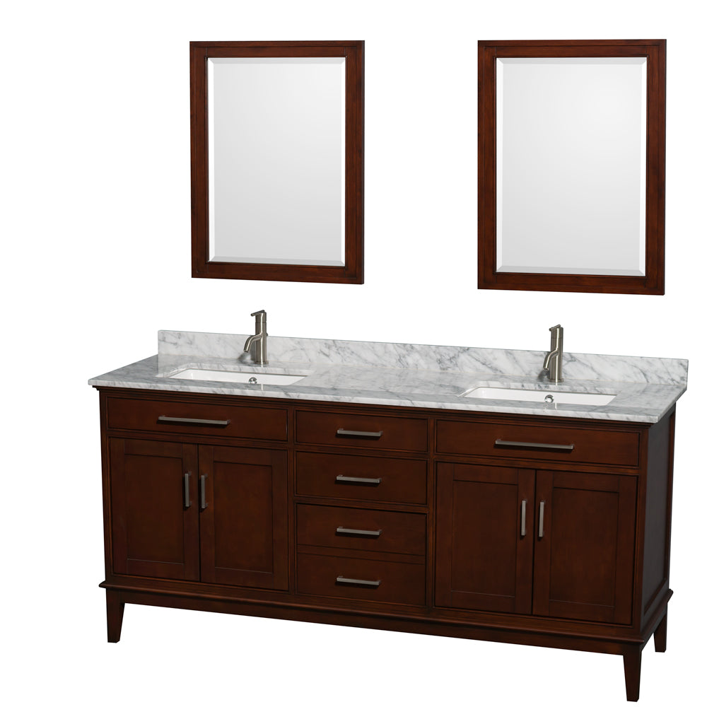 Hatton 72 inch Double Bathroom Vanity in Dark Chestnut, White Carrara Marble Countertop, Undermount Square Sinks, and 24 inch Mirrors