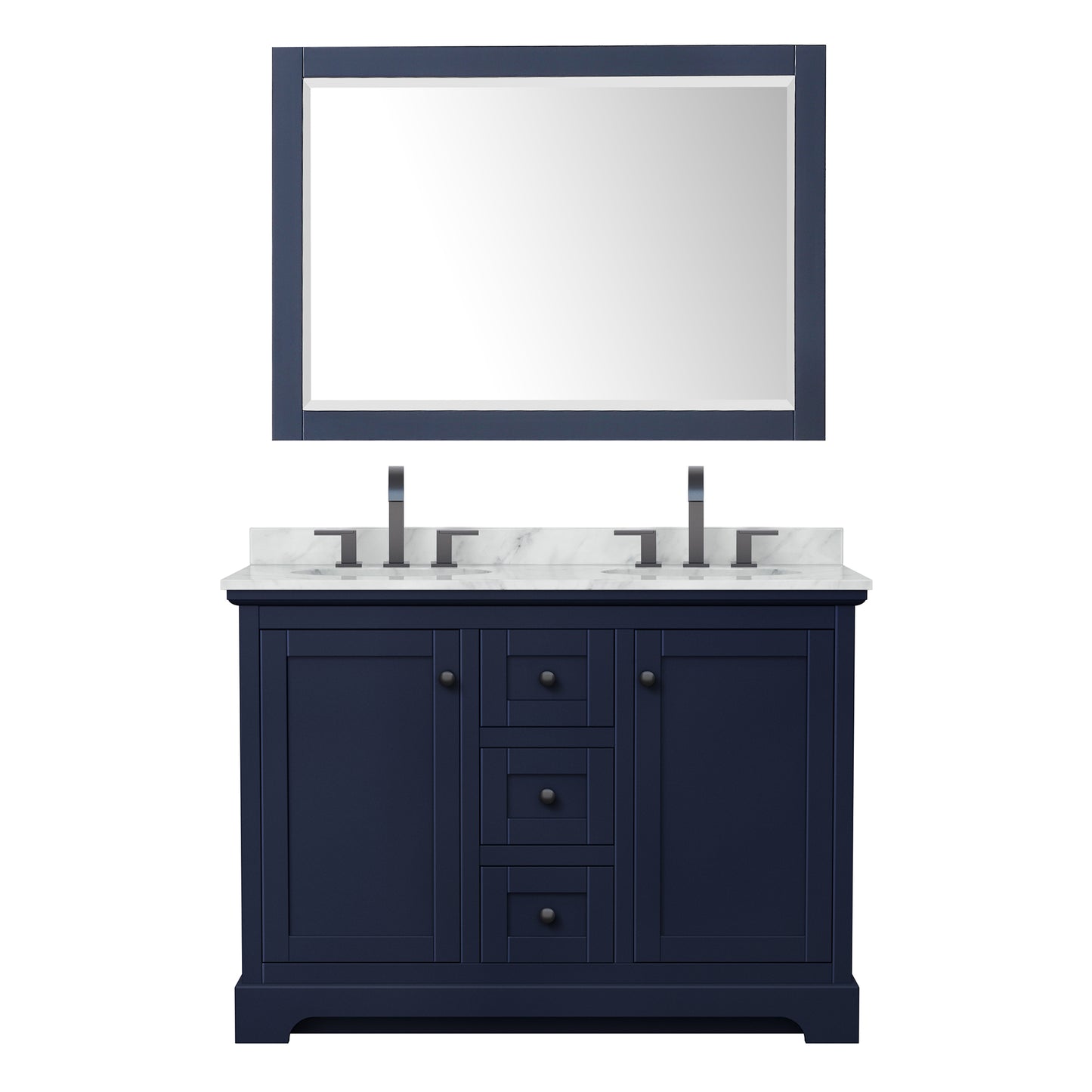 Avery 48" Double Vanity in Dark Blue, Top, Oval Matte Black Trim, 46" Mirror