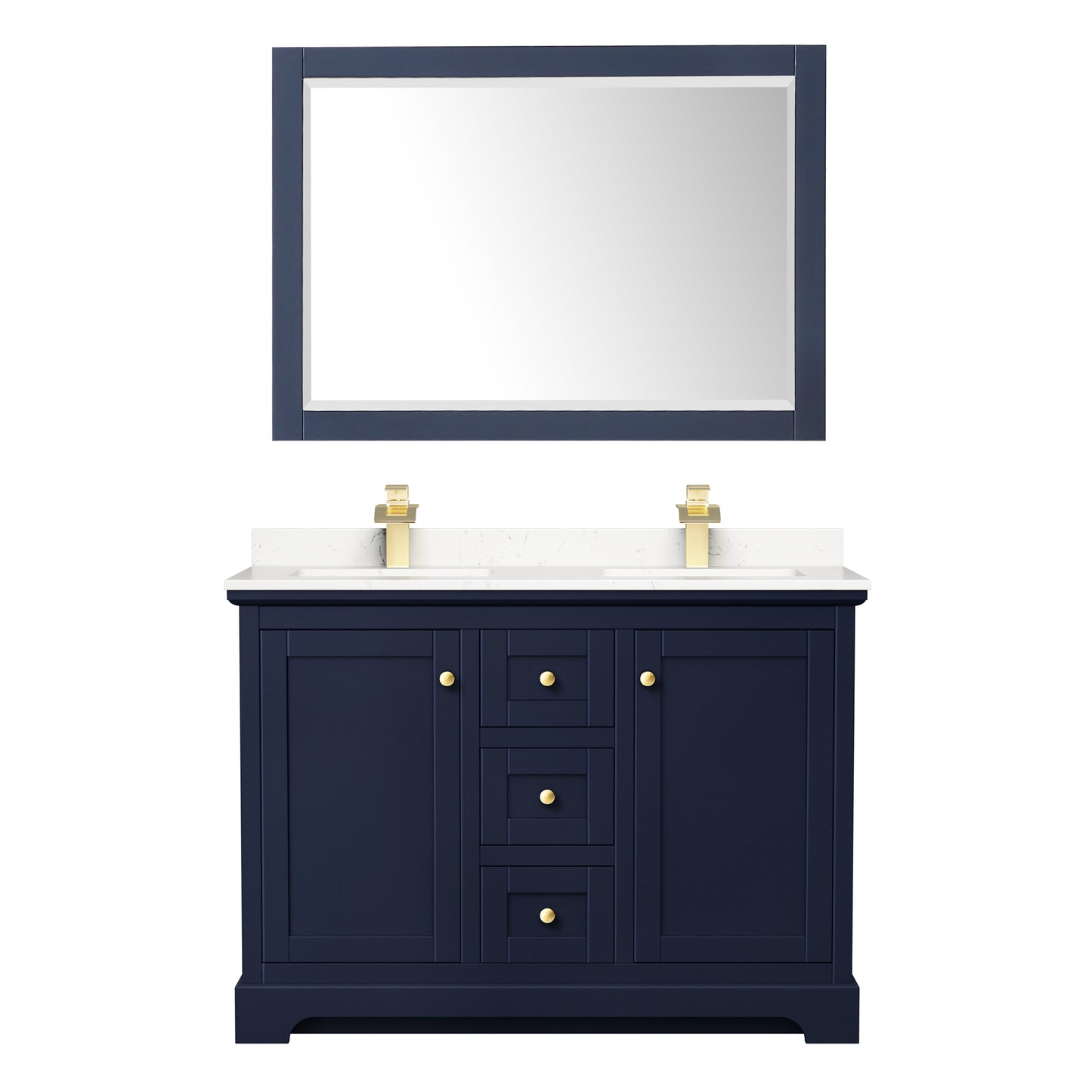 Avery 48" Double Vanity in Dark Blue, Carrara Cultured Marble Top, 46" Mirror
