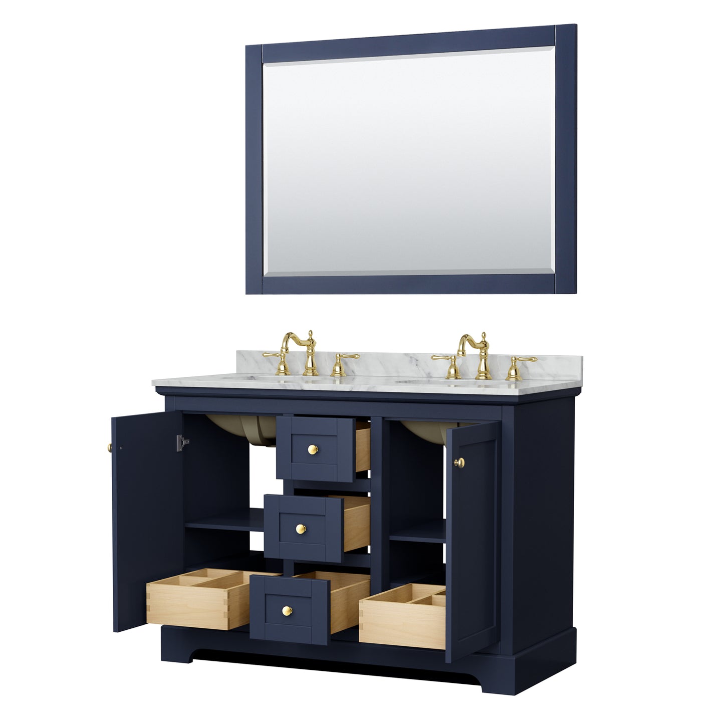Avery 48" Double Vanity in Dark Blue, Top, Oval Sinks, 46" Mirror