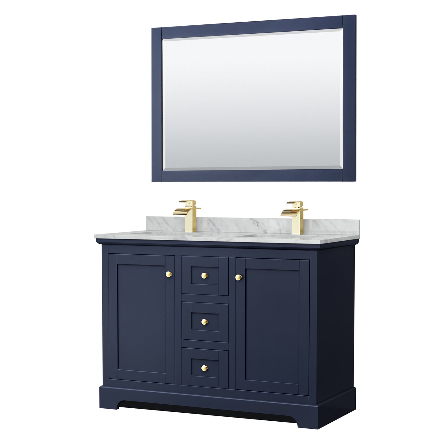 Avery 48" Double Vanity in Dark Blue, Top, Square Sinks, 46" Mirror
