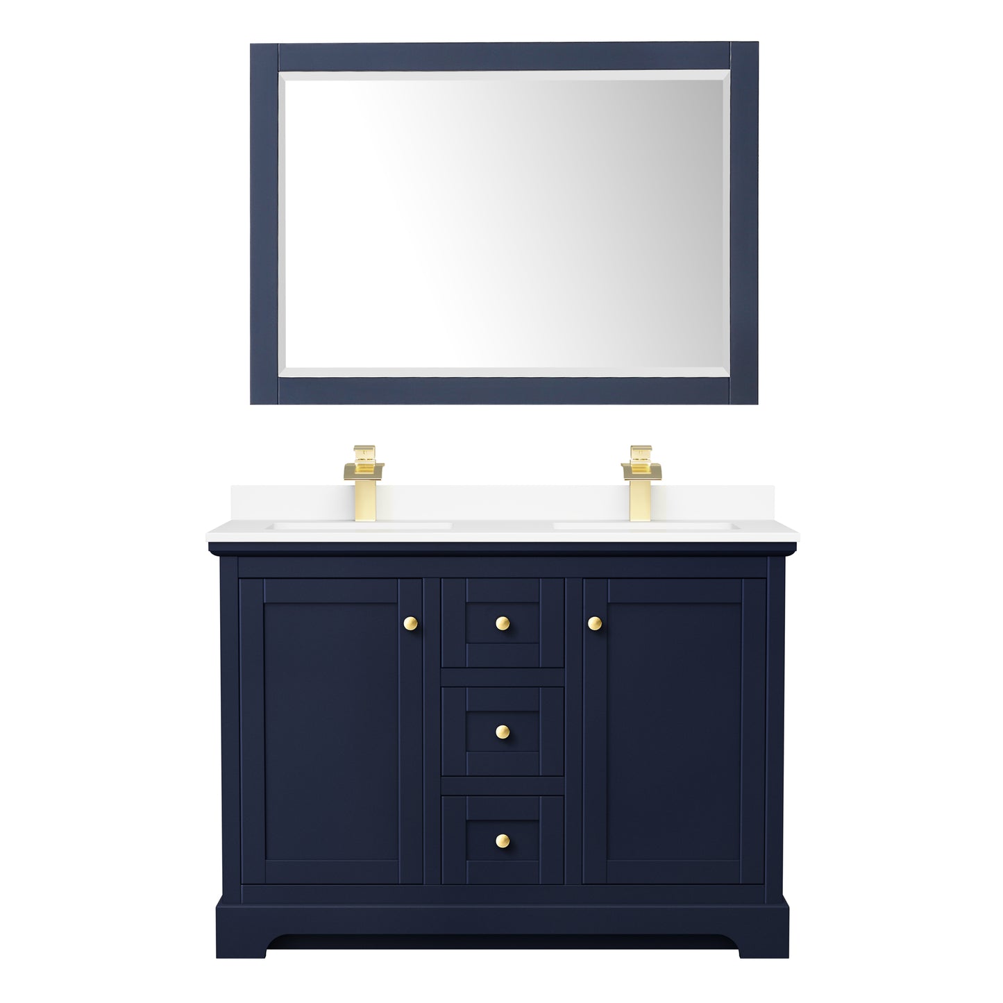 Avery 48" Double Vanity in Dark Blue, White Cultured Marble Top, 46" Mirror