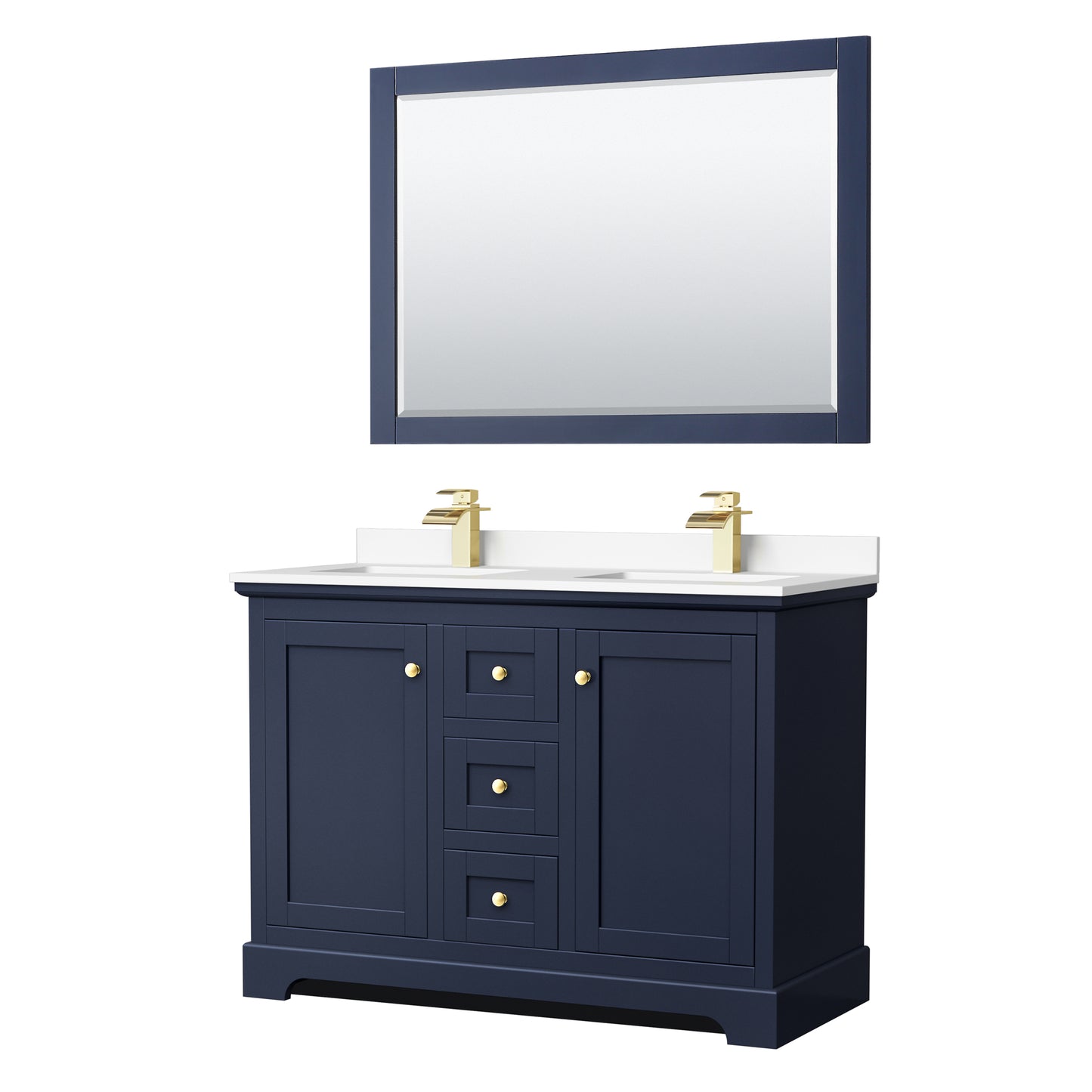Avery 48" Double Vanity in Dark Blue, White Cultured Marble Top, 46" Mirror