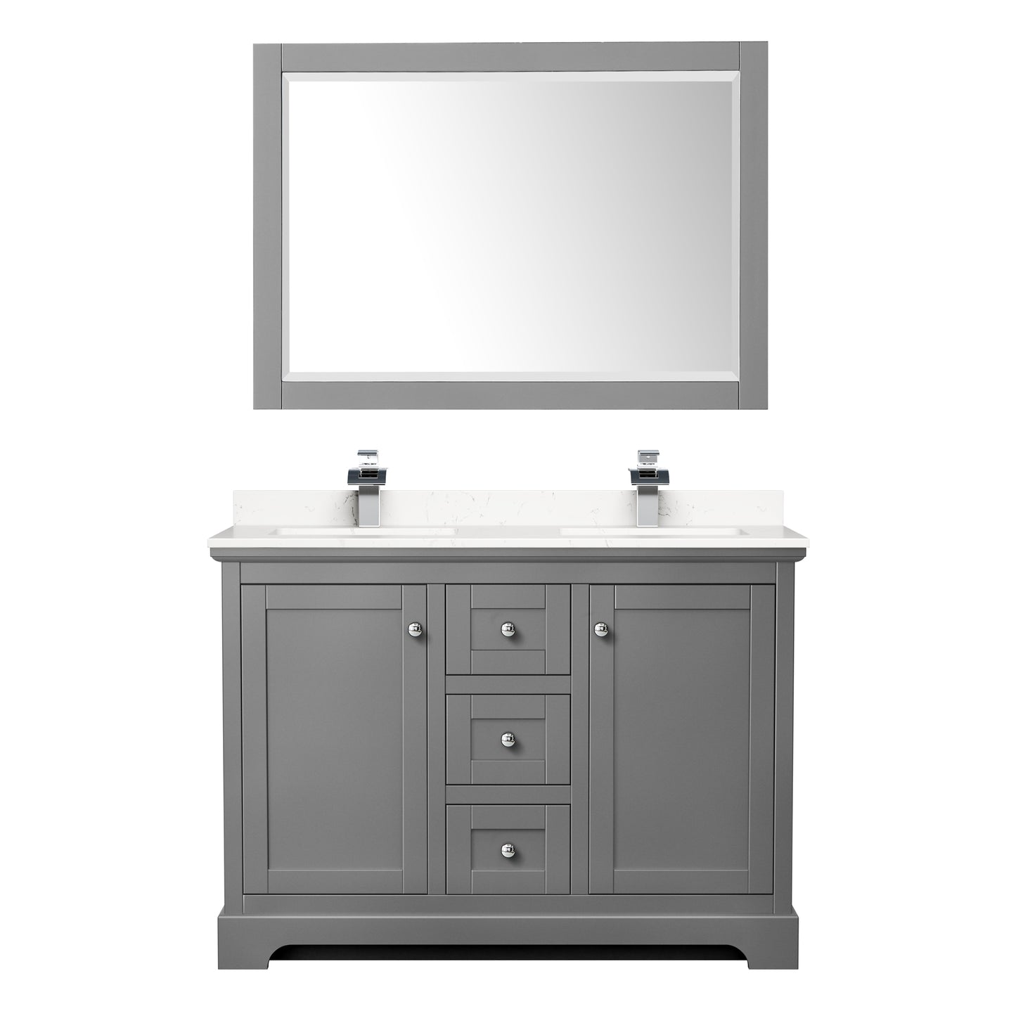 Avery 48" Double Vanity in Dark Gray, Carrara Cultured Marble Top, 46" Mirror
