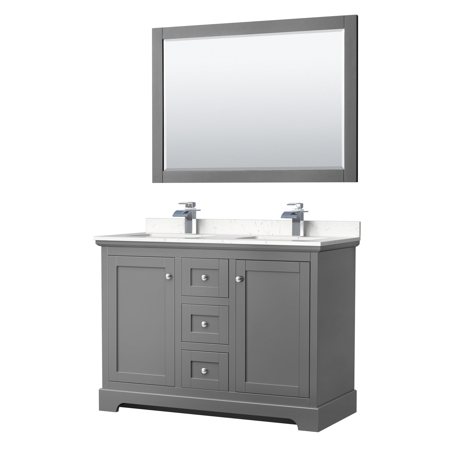 Avery 48" Double Vanity in Dark Gray, Carrara Cultured Marble Top, 46" Mirror