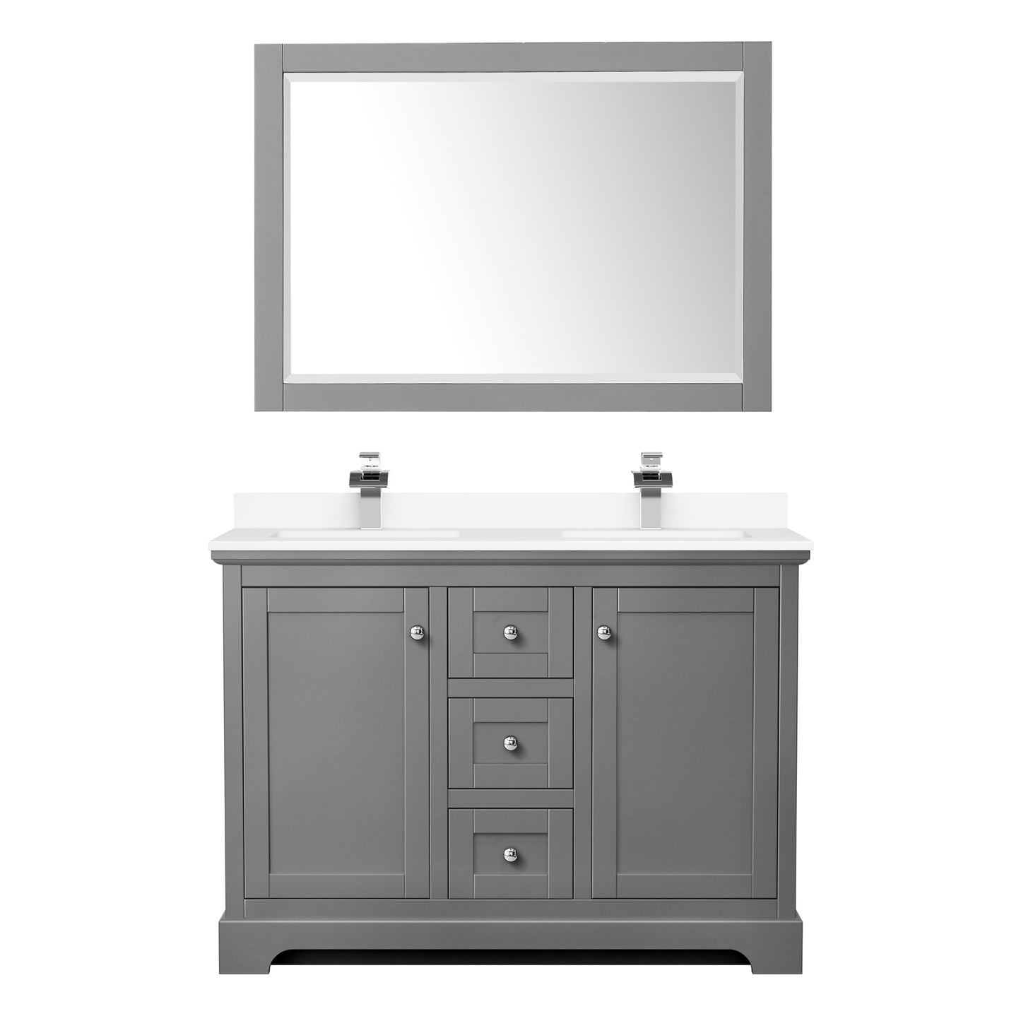 Avery 48" Double Vanity in Dark Gray, White Cultured Marble Top, 46" Mirror