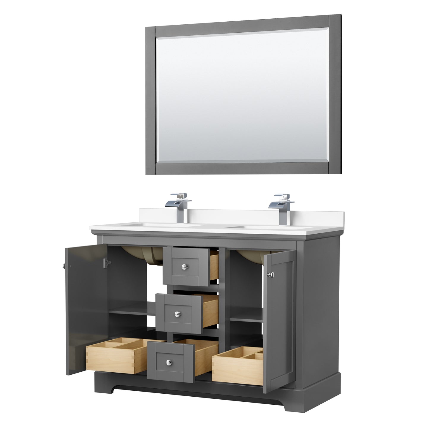 Avery 48" Double Vanity in Dark Gray, White Cultured Marble Top, 46" Mirror
