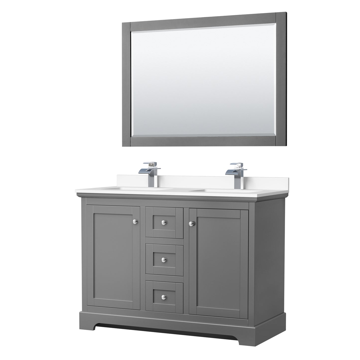 Avery 48" Double Vanity in Dark Gray, White Cultured Marble Top, 46" Mirror
