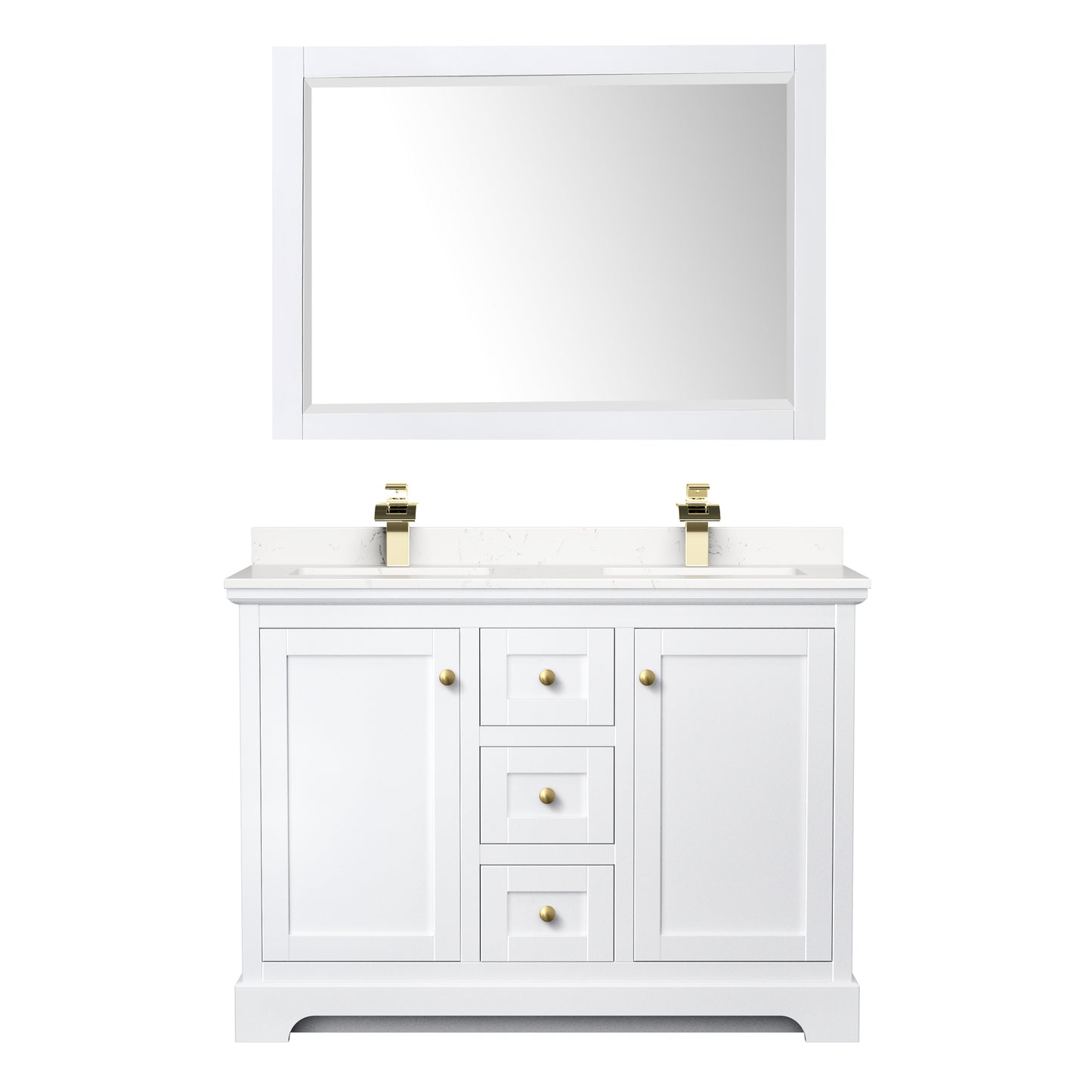 Avery 48" White Double Vanity, Carrara Marble Top, 46" Mirror, Brushed Gold Trim