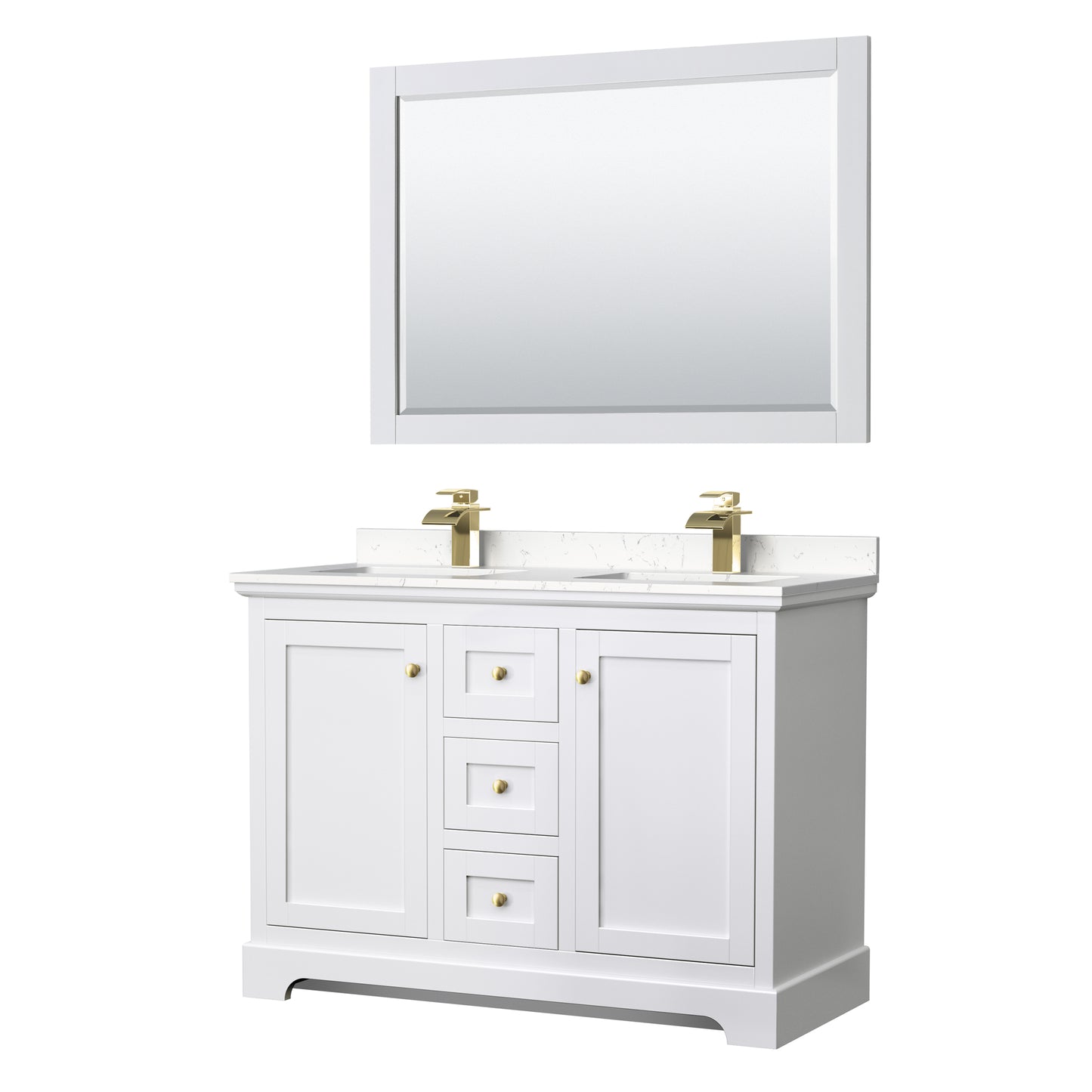 Avery 48" White Double Vanity, Carrara Marble Top, 46" Mirror, Brushed Gold Trim