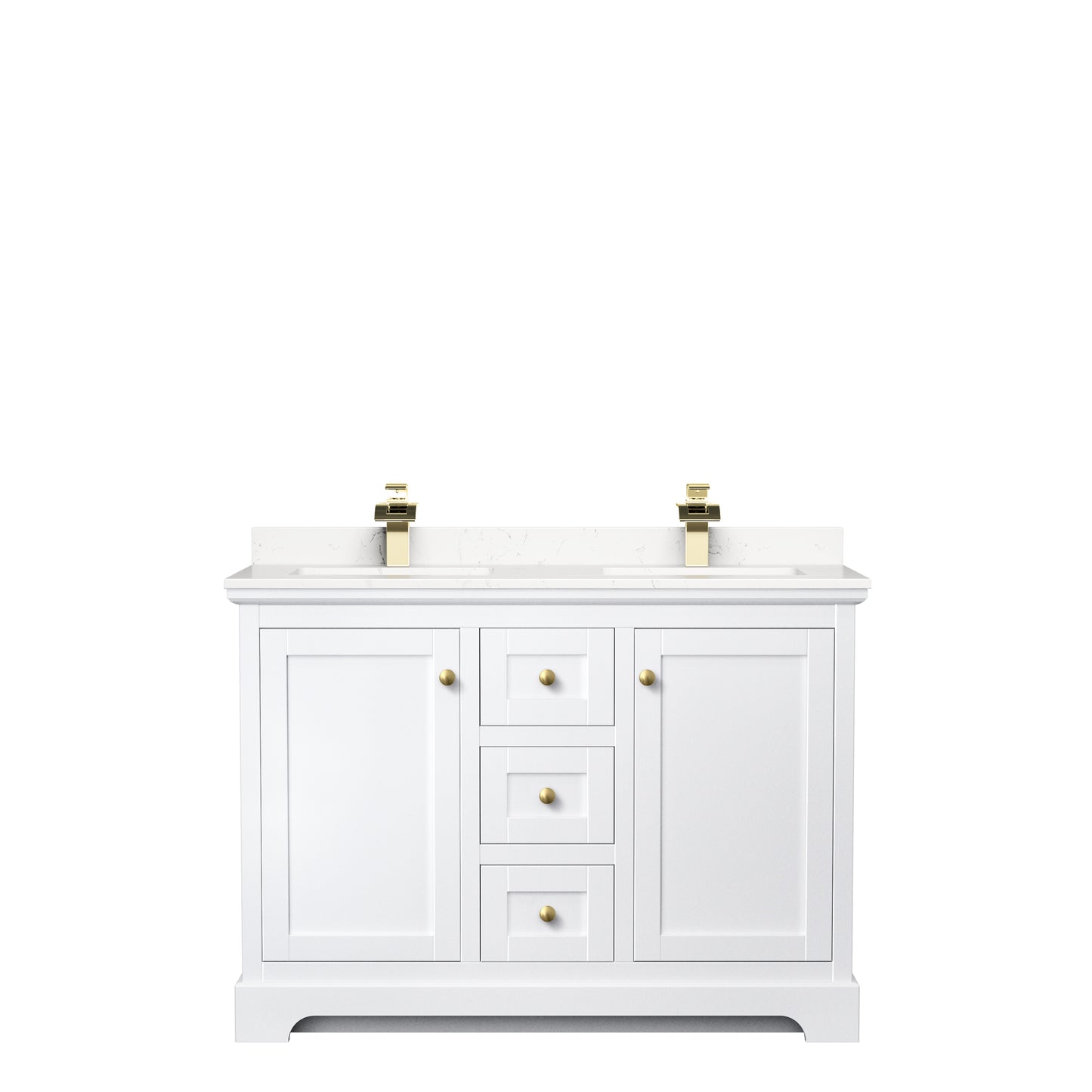 Avery 48" Double Vanity in White, Carrara Cultured Marble Top, Gold Trim