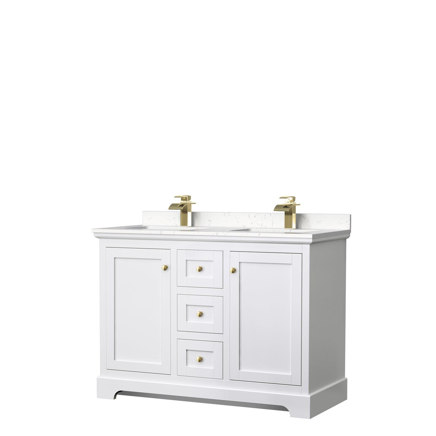 Avery 48" Double Vanity in White, Carrara Cultured Marble Top, Gold Trim