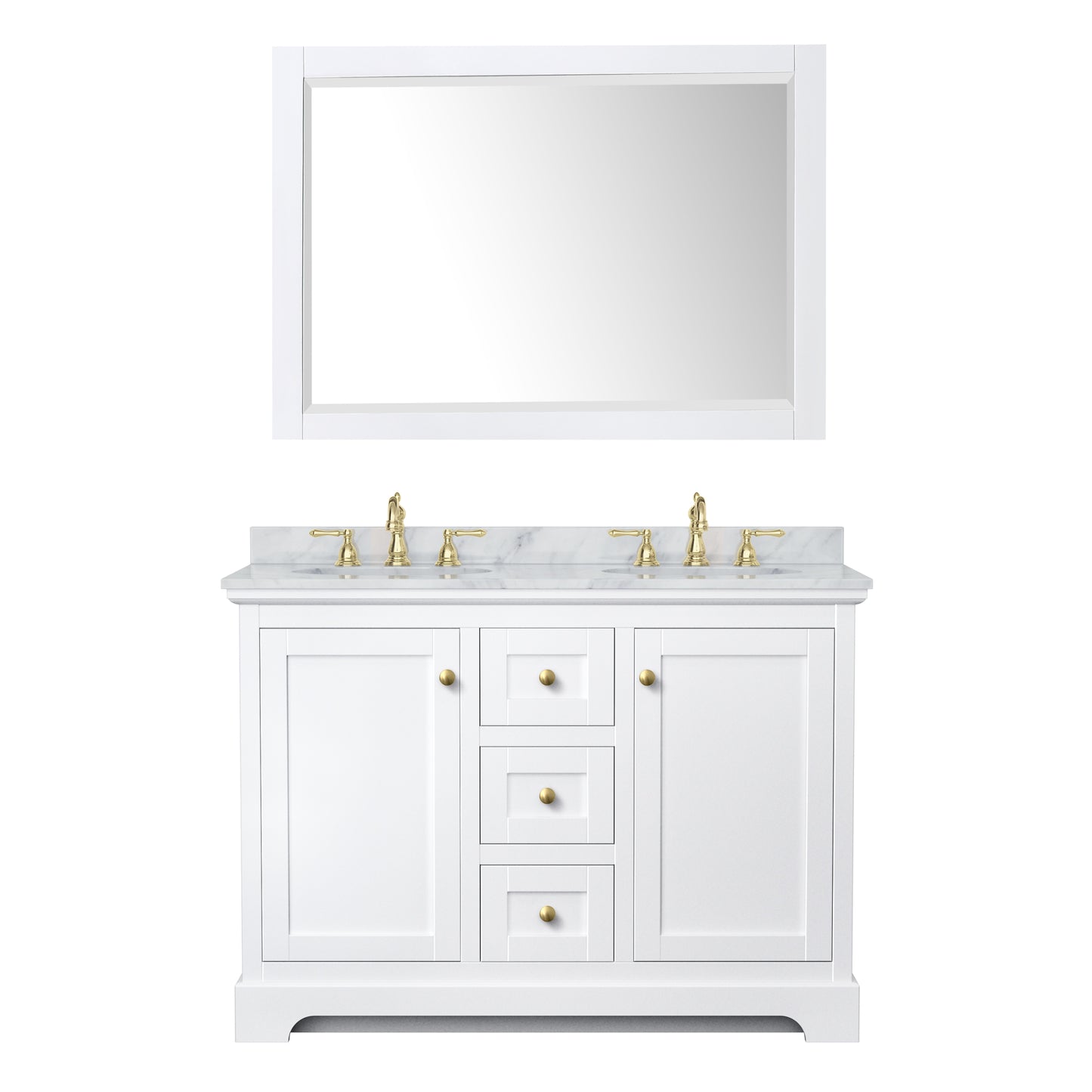 Avery 48" Double Vanity in White, Top, Oval Sinks, 46" Mirror, Brushed Gold Trim