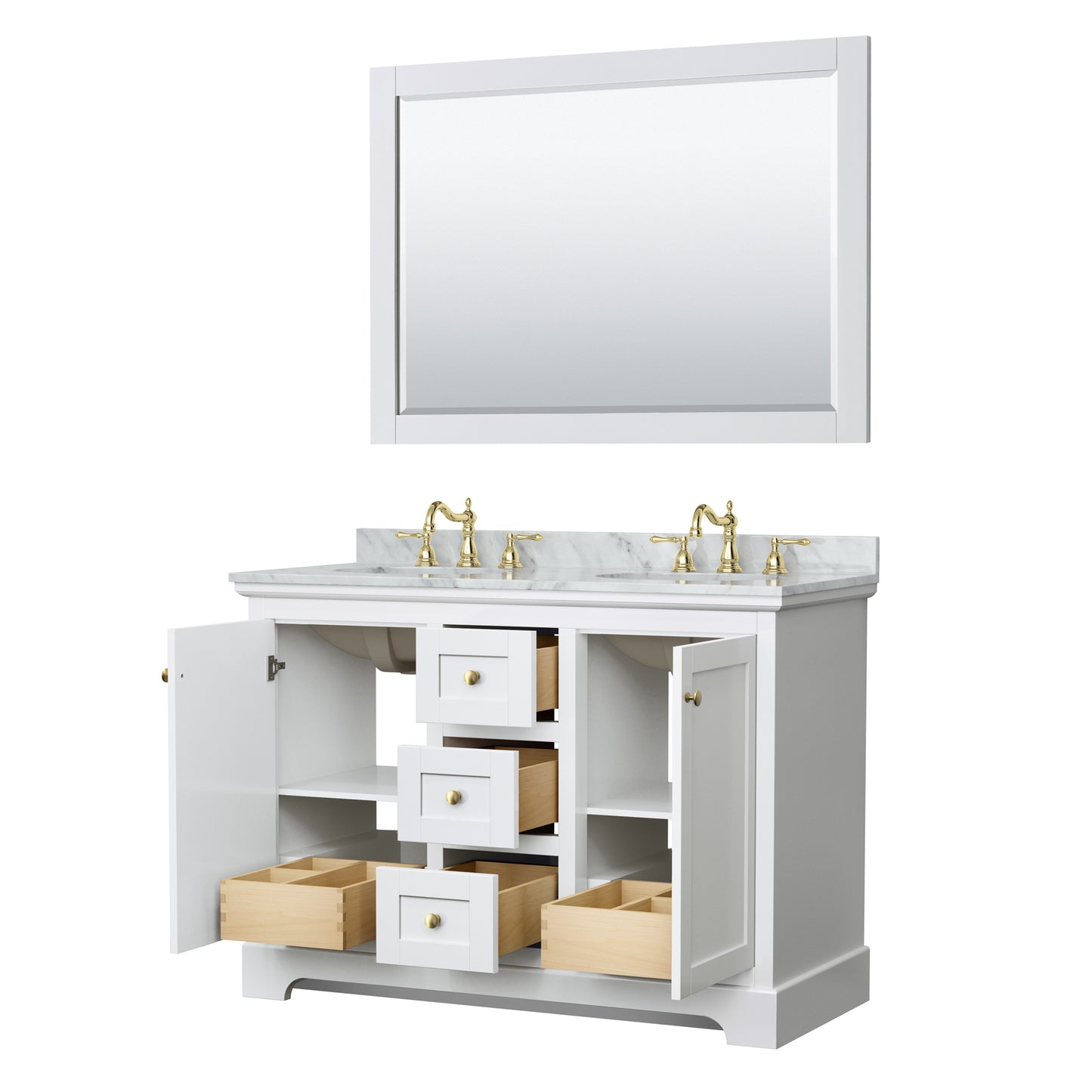 Avery 48" Double Vanity in White, Top, Oval Sinks, 46" Mirror, Brushed Gold Trim