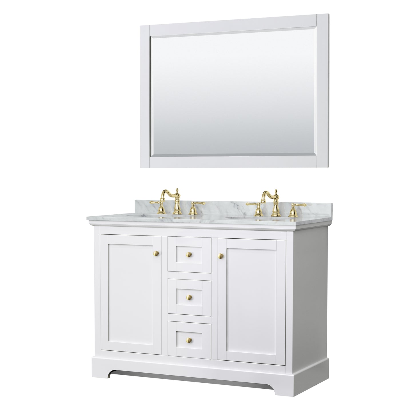 Avery 48" Double Vanity in White, Top, Oval Sinks, 46" Mirror, Brushed Gold Trim