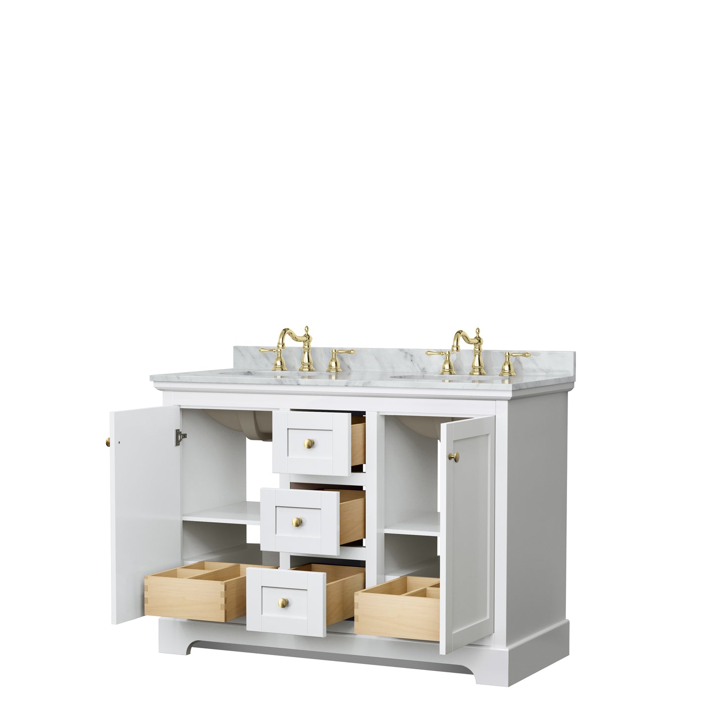 Avery 48" Double Vanity in White, Top, Oval Sinks, Brushed Gold Trim