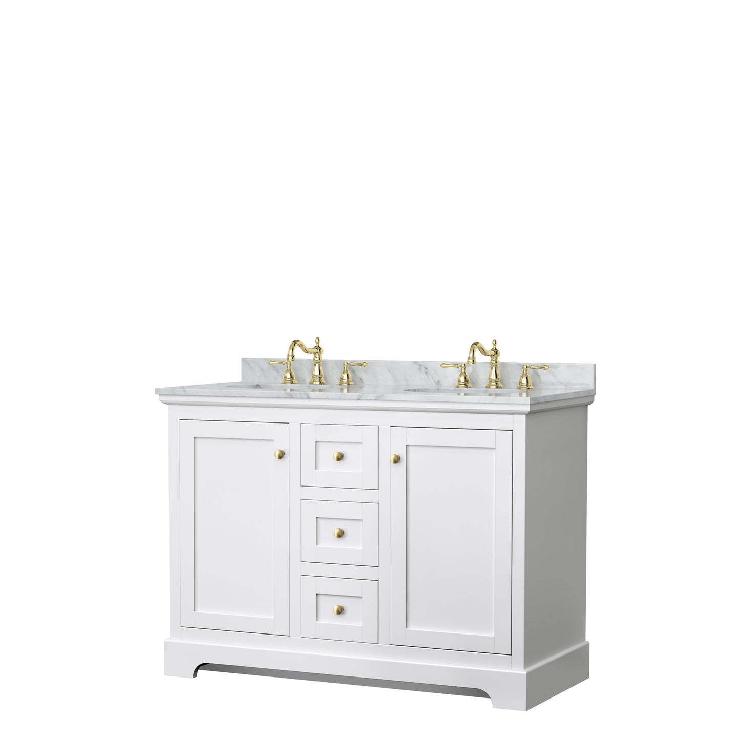 Avery 48" Double Vanity in White, Top, Oval Sinks, Brushed Gold Trim