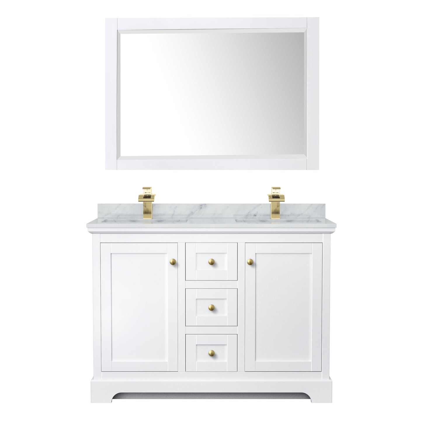 Avery 48" Double Vanity in White, Top, Square 46" Mirror, Brushed Gold Trim