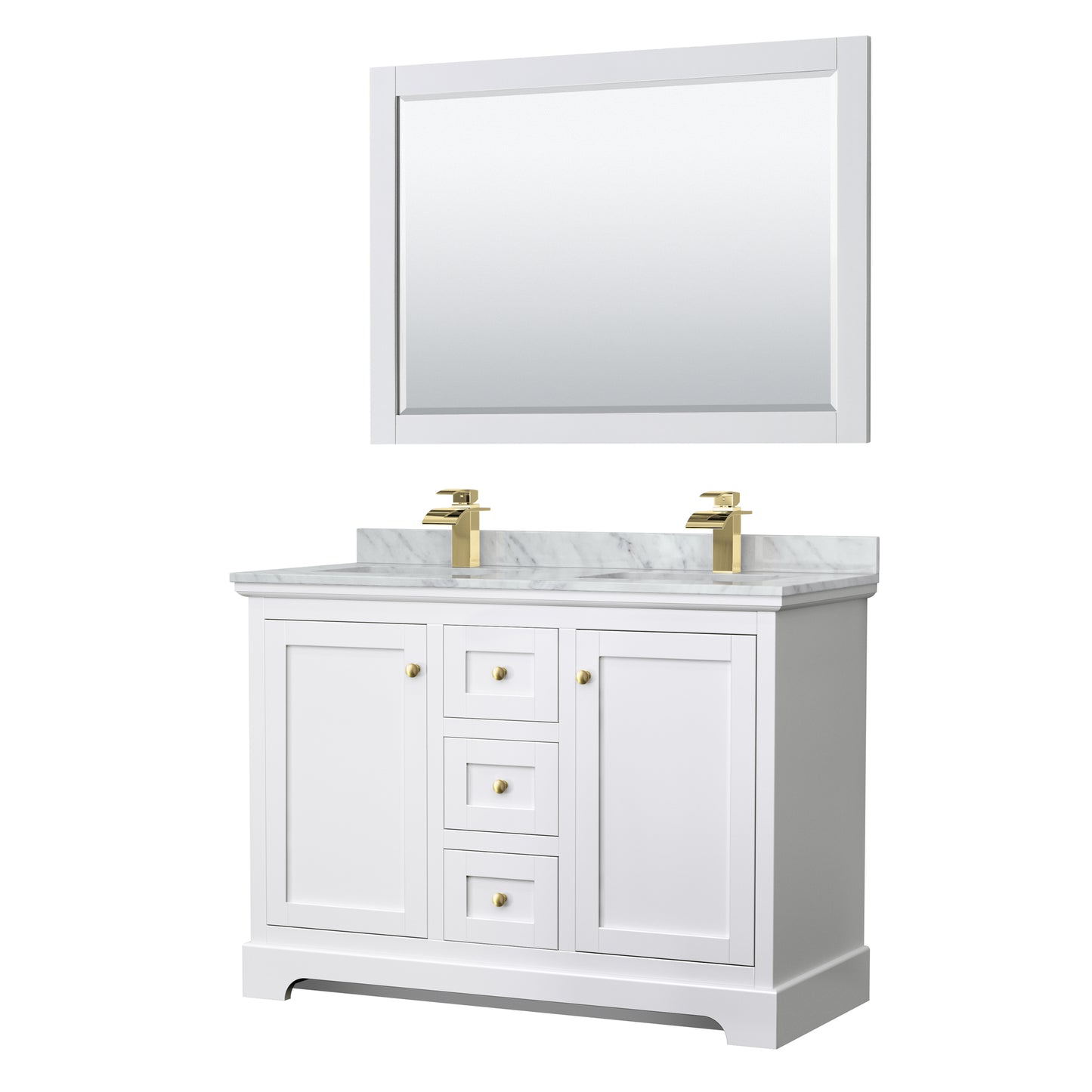 Avery 48" Double Vanity in White, Top, Square 46" Mirror, Brushed Gold Trim