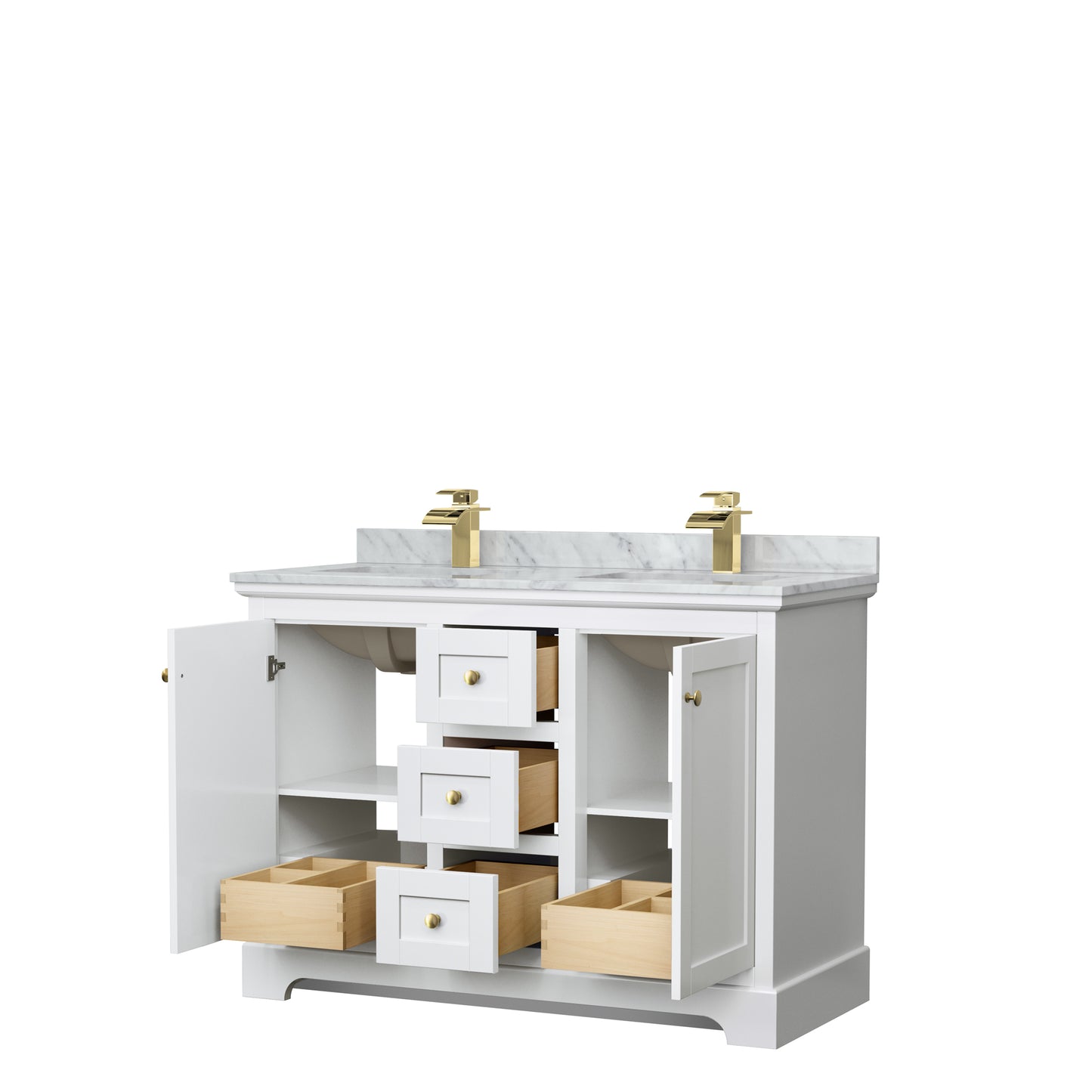 Avery 48" Double Vanity in White, Top, Square Sinks, Brushed Gold Trim