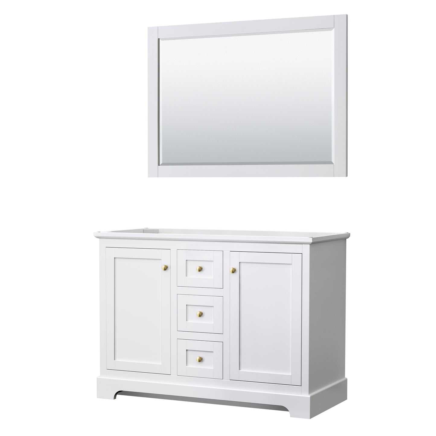 Avery 48" Double Vanity in White, No Top, No 46" Mirror, Brushed Gold Trim