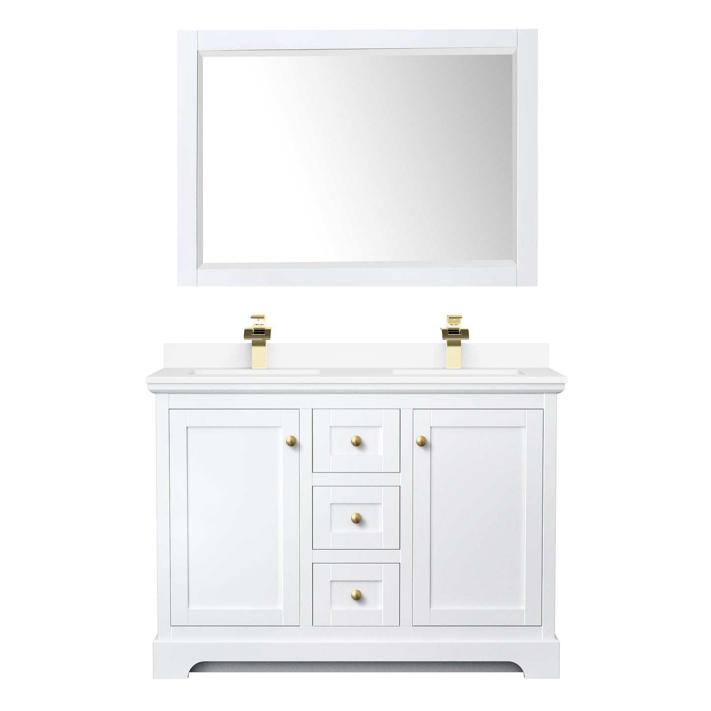 Avery 48" White Double Vanity, White Marble Top, 46" Mirror, Brushed Gold Trim