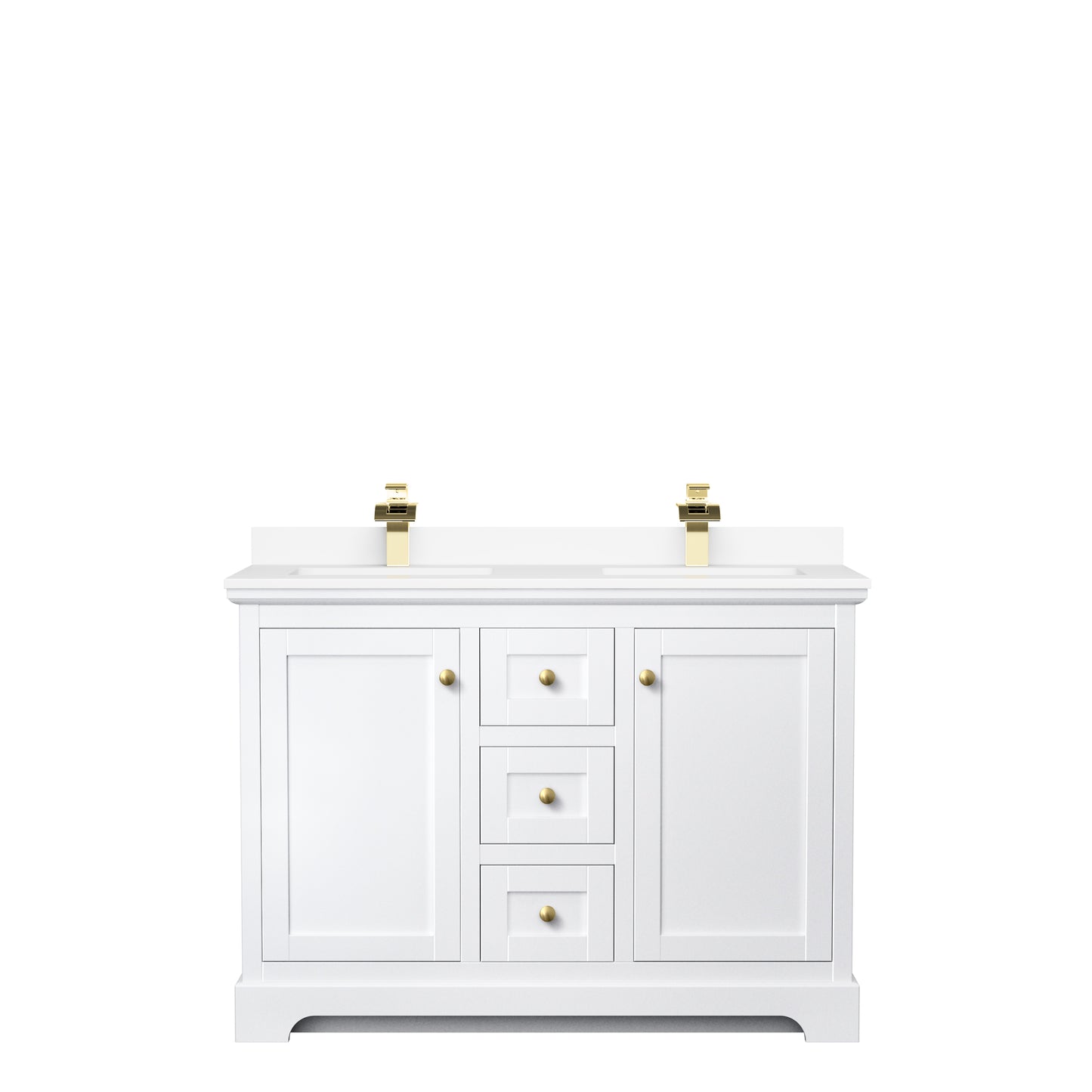 Avery 48" Double Vanity in White, White Cultured Marble Top, Gold Trim